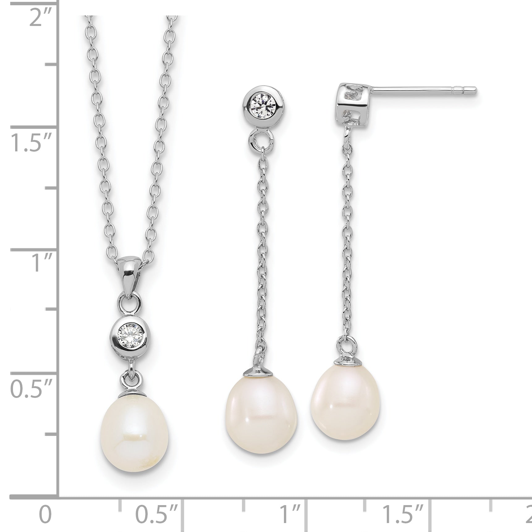 Sterling Silver RH-plated 7-8mm FWC Pearl/CZ 17in Necklace/Earrings Set