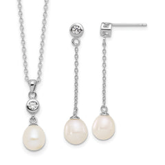 Sterling Silver RH-plated 7-8mm FWC Pearl/CZ 17in Necklace/Earrings Set