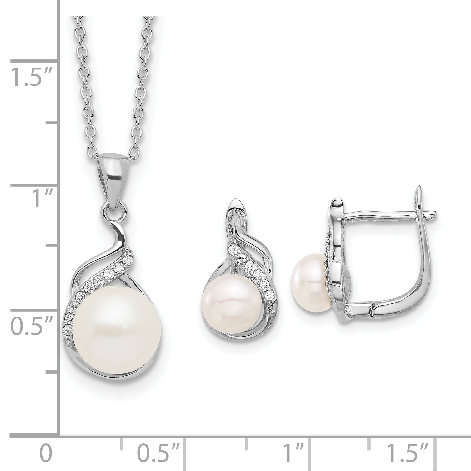 Sterling Silver RH-plated 6-9mm FWC Pearl/CZ 17in Necklace/Earrings Set