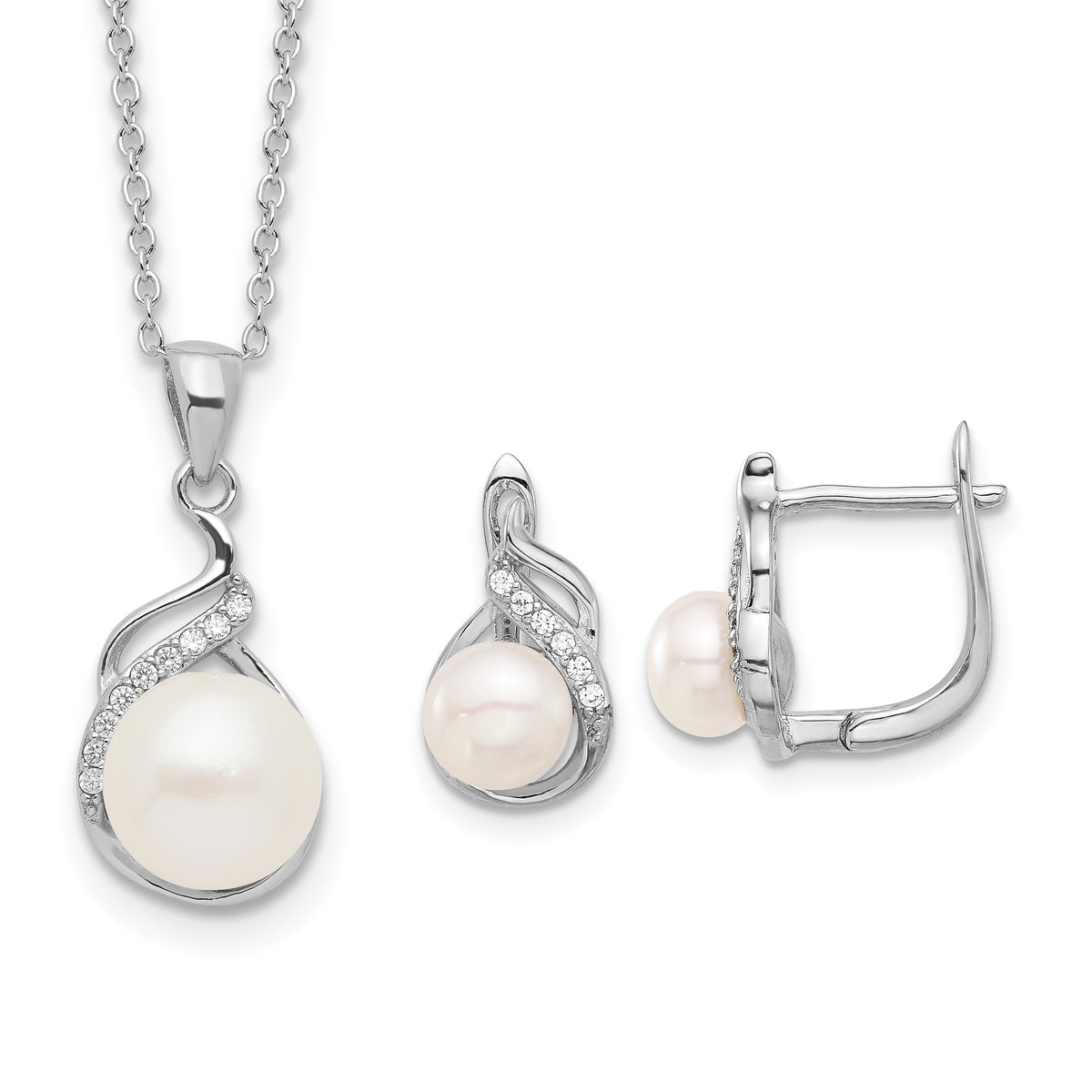 Sterling Silver RH-plated 6-9mm FWC Pearl/CZ 17in Necklace/Earrings Set