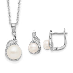 Sterling Silver RH-plated 6-9mm FWC Pearl/CZ 17in Necklace/Earrings Set