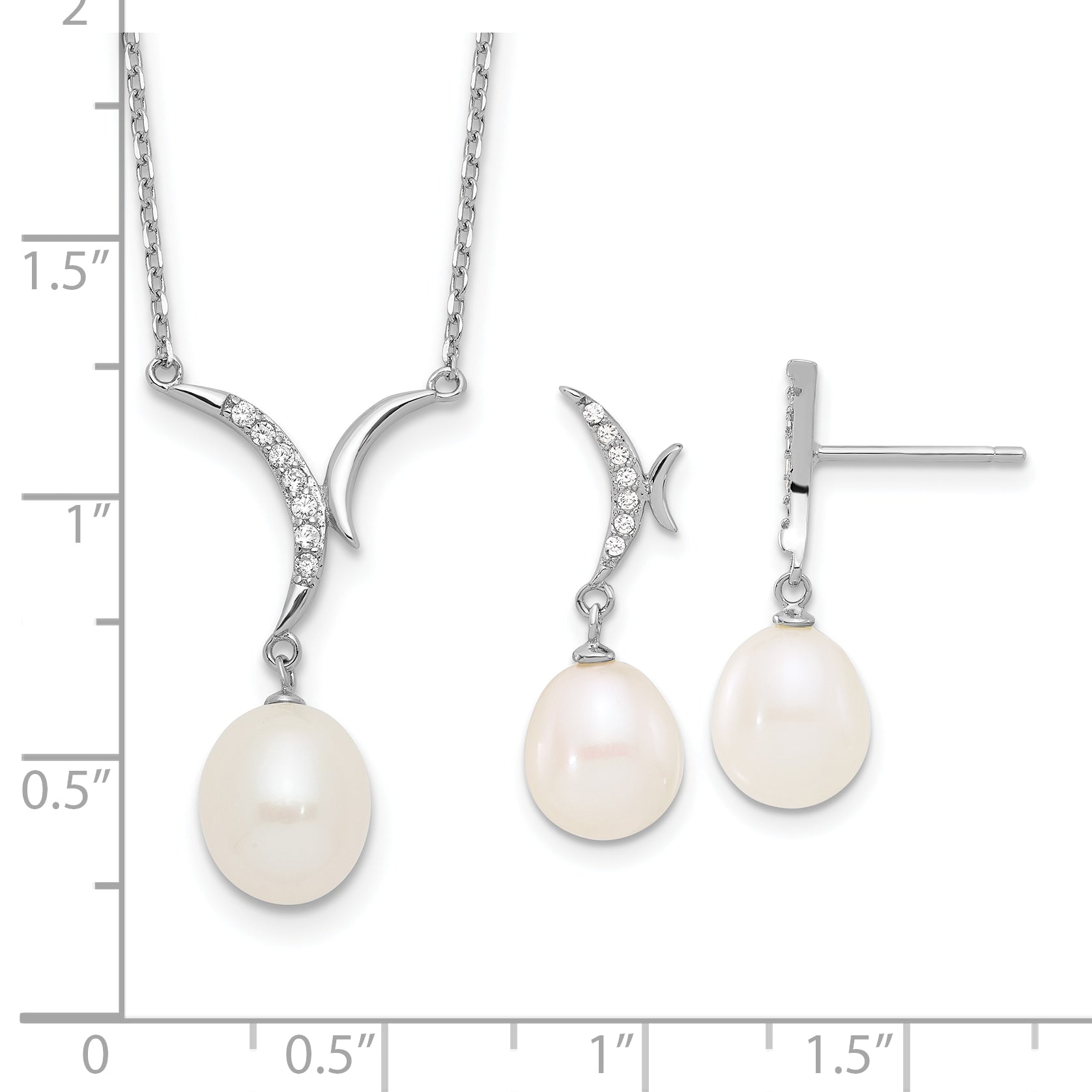 Sterling Silver RH-plated 7-9mm FWC Pearl/CZ Necklace/Post Earrings Set