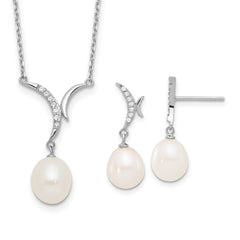 Sterling Silver RH-plated 7-9mm FWC Pearl/CZ Necklace/Post Earrings Set