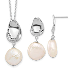 Sterling Silver RH-plated 13-14mm FWC Pearl 17in Necklace/Earring Set