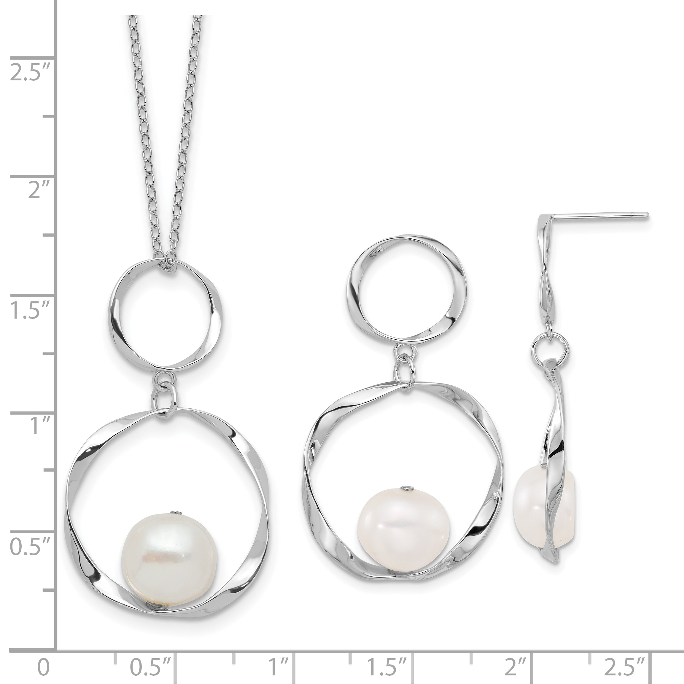 Sterling Silver RH-plated 10-11mm FWC Pearl w/1.75in Neck/Earring Set