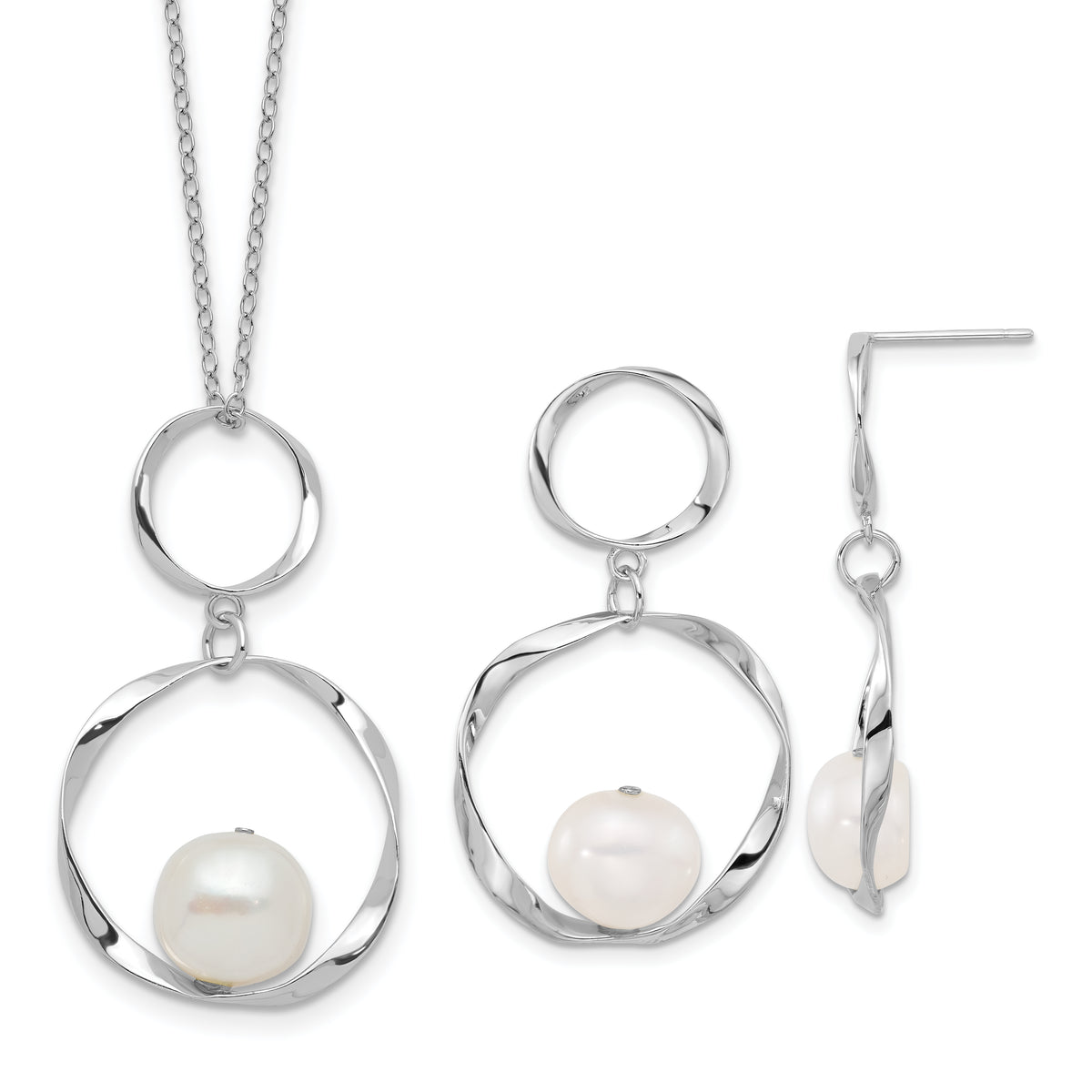 Sterling Silver RH-plated 10-11mm FWC Pearl w/1.75in Neck/Earring Set