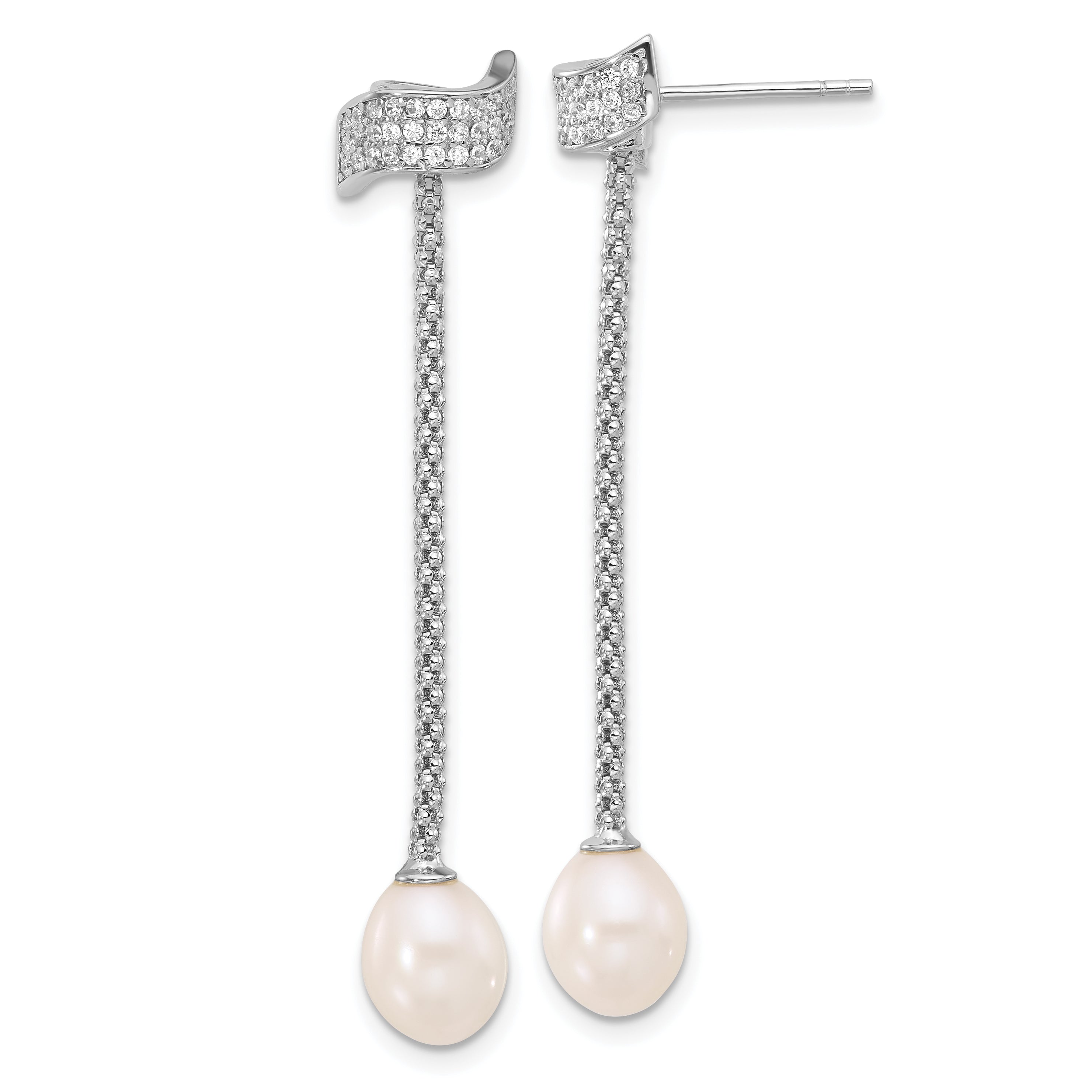 Sterling Silver RH-plated FWC Pearl/CZ w/2in ext Necklace/Earrings Set