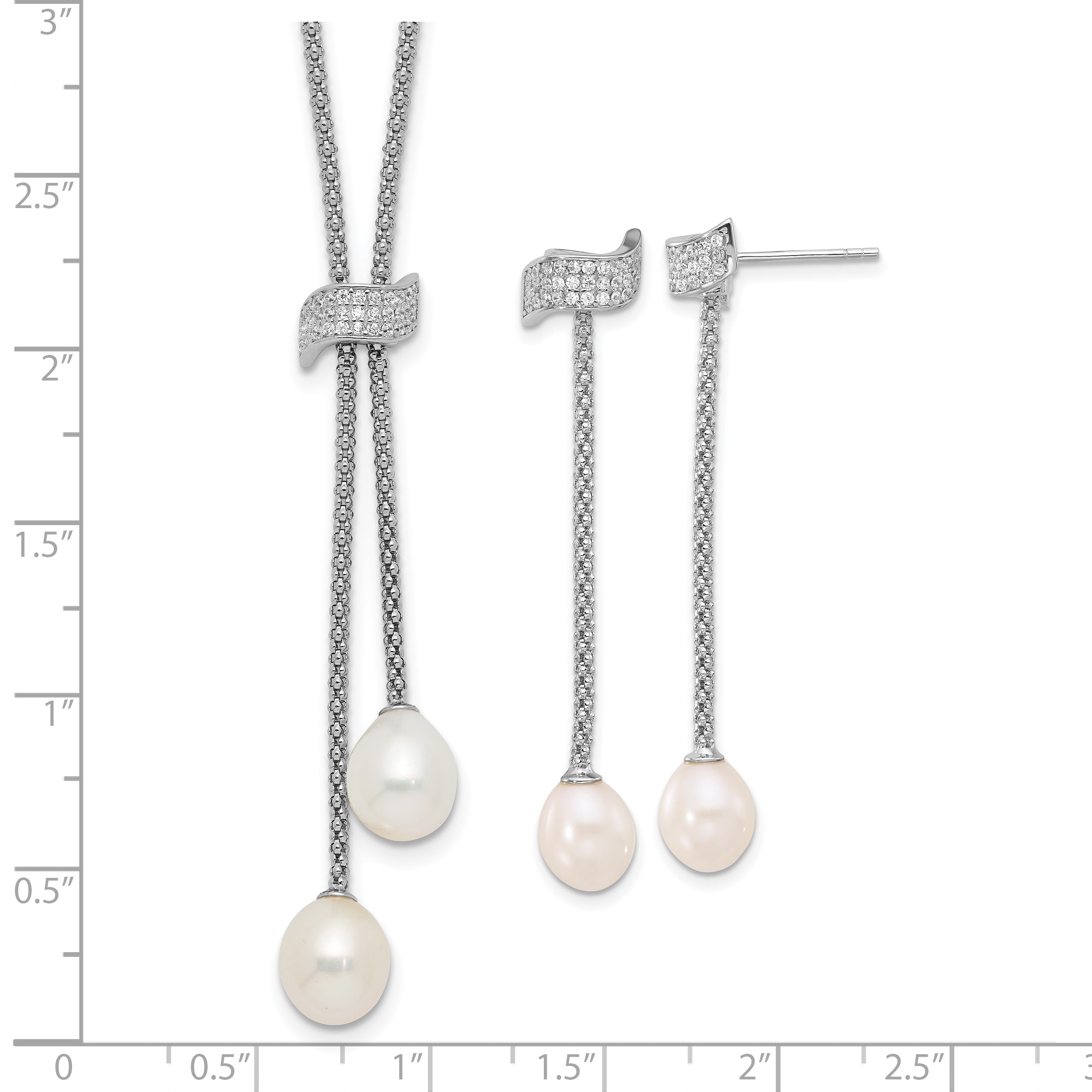 Sterling Silver RH-plated FWC Pearl/CZ w/2in ext Necklace/Earrings Set