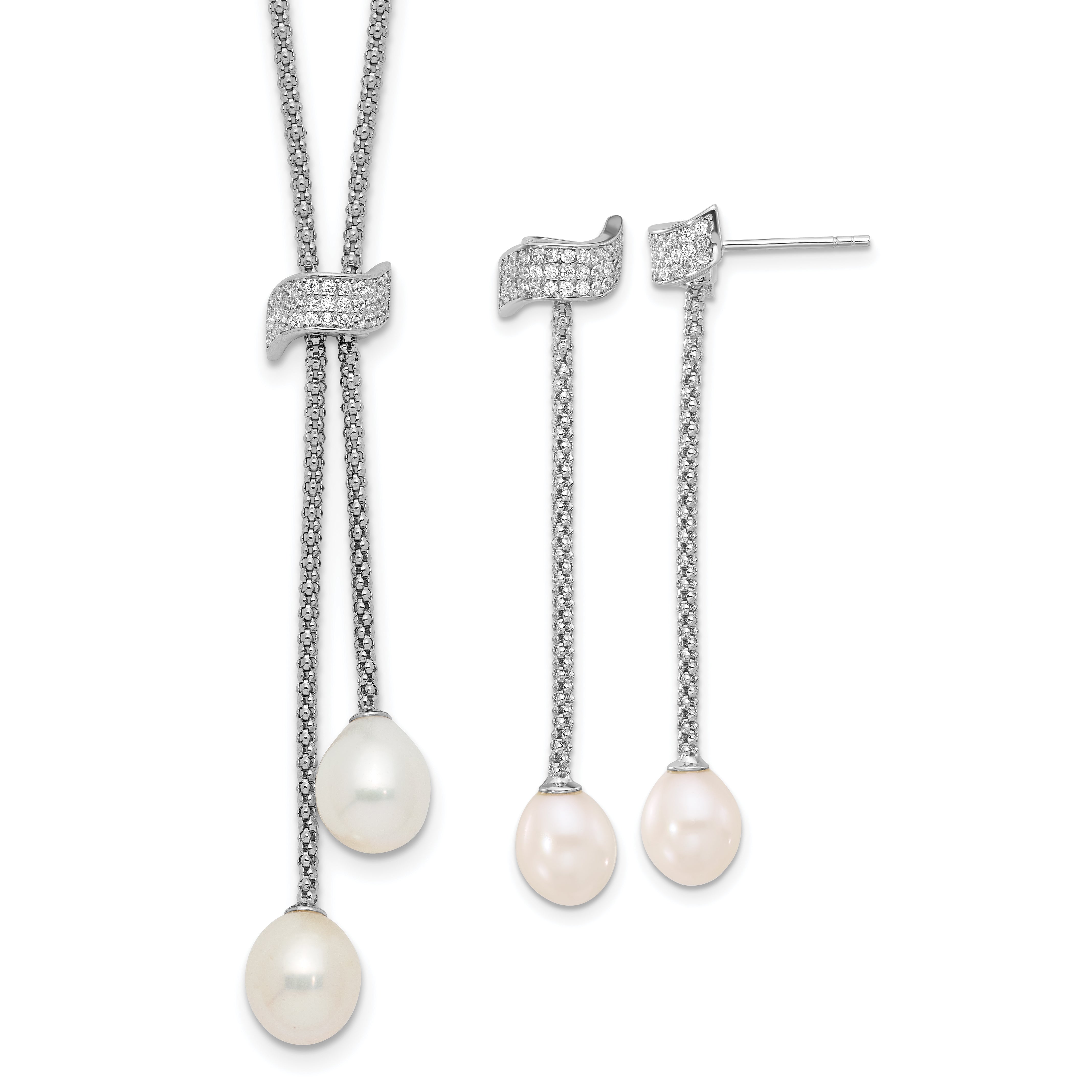 Sterling Silver RH-plated FWC Pearl/CZ w/2in ext Necklace/Earrings Set