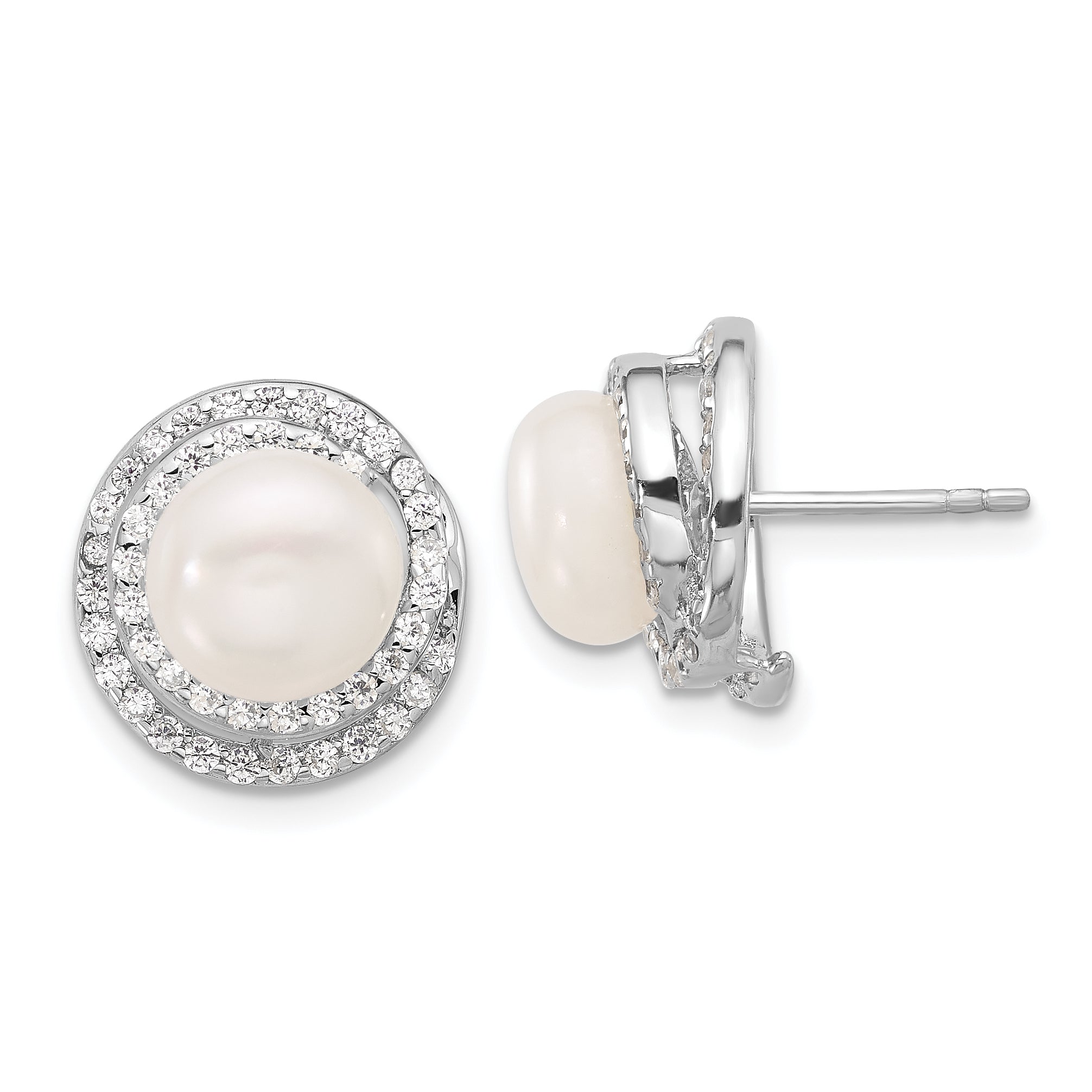 Sterling Silver RH-plated FWC Pearl/CZ 17in Necklace and Post Earrings Set