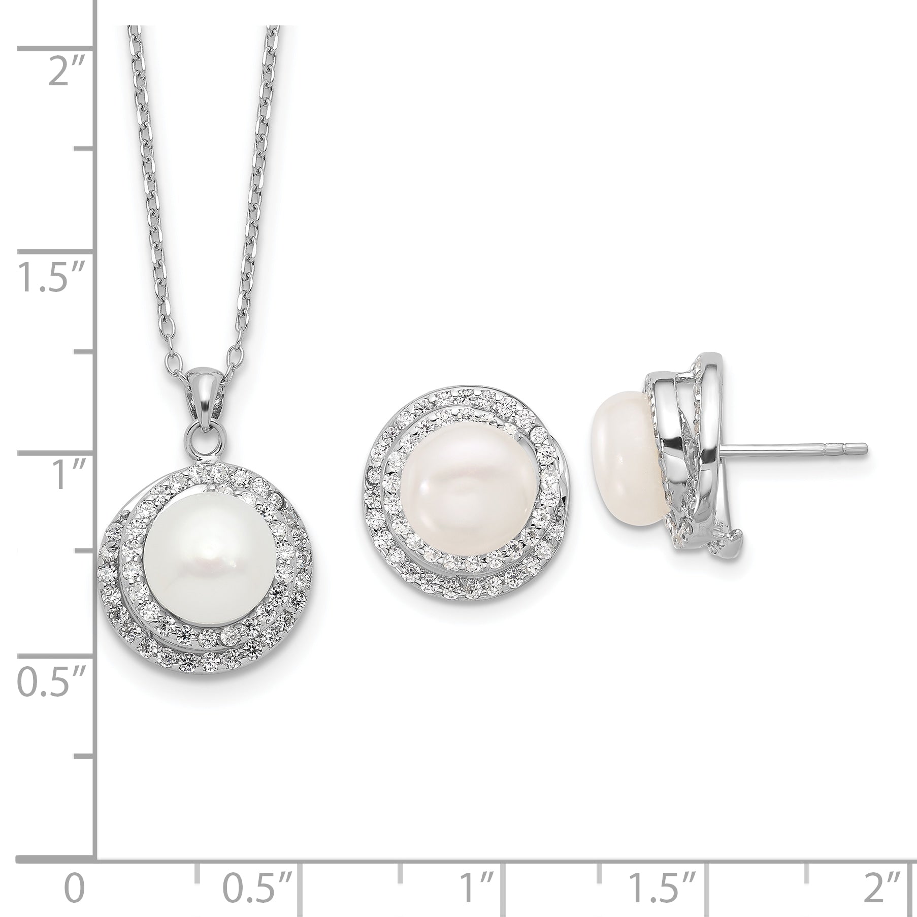 Sterling Silver RH-plated FWC Pearl/CZ 17in Necklace and Post Earrings Set