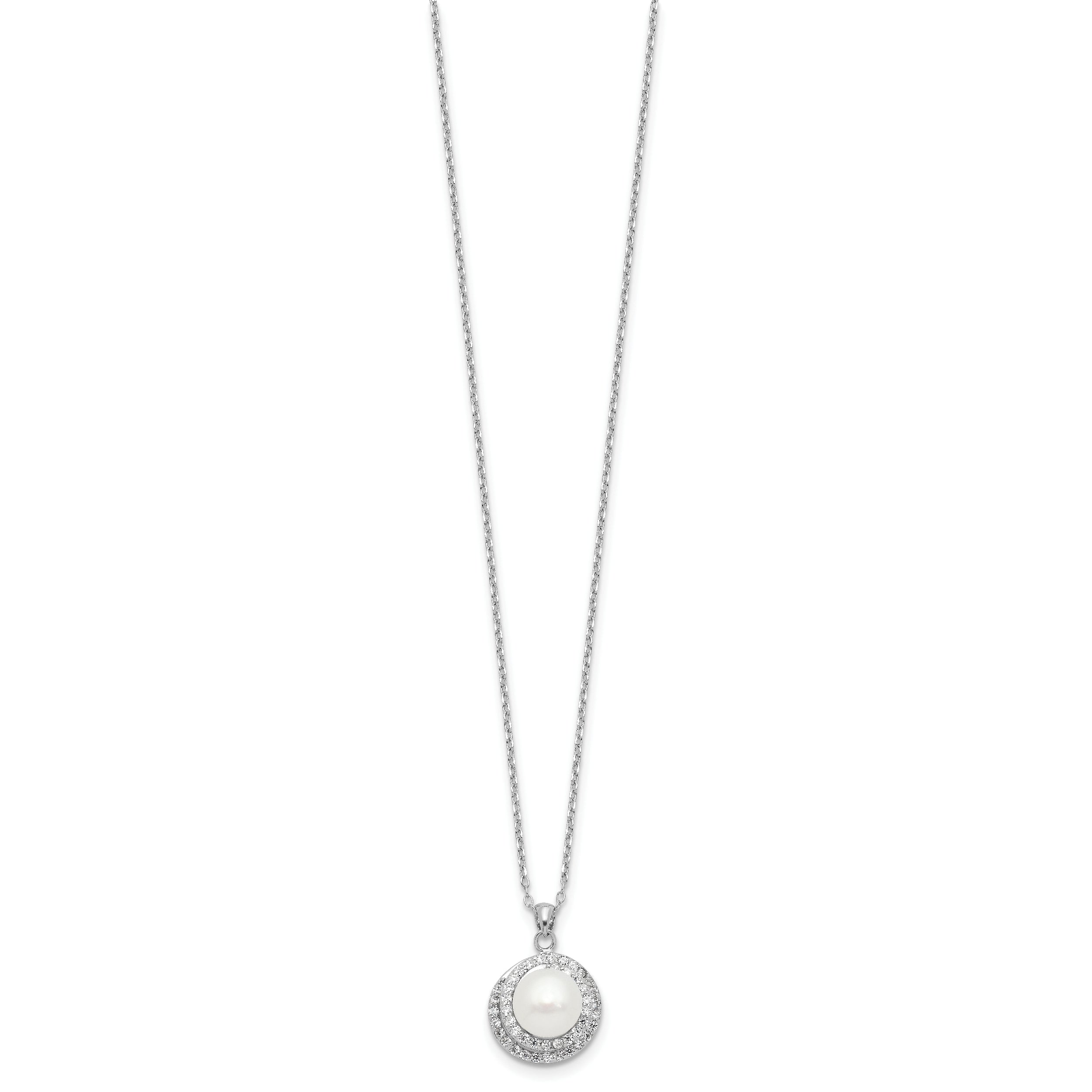 Sterling Silver RH-plated FWC Pearl/CZ 17in Necklace and Post Earrings Set