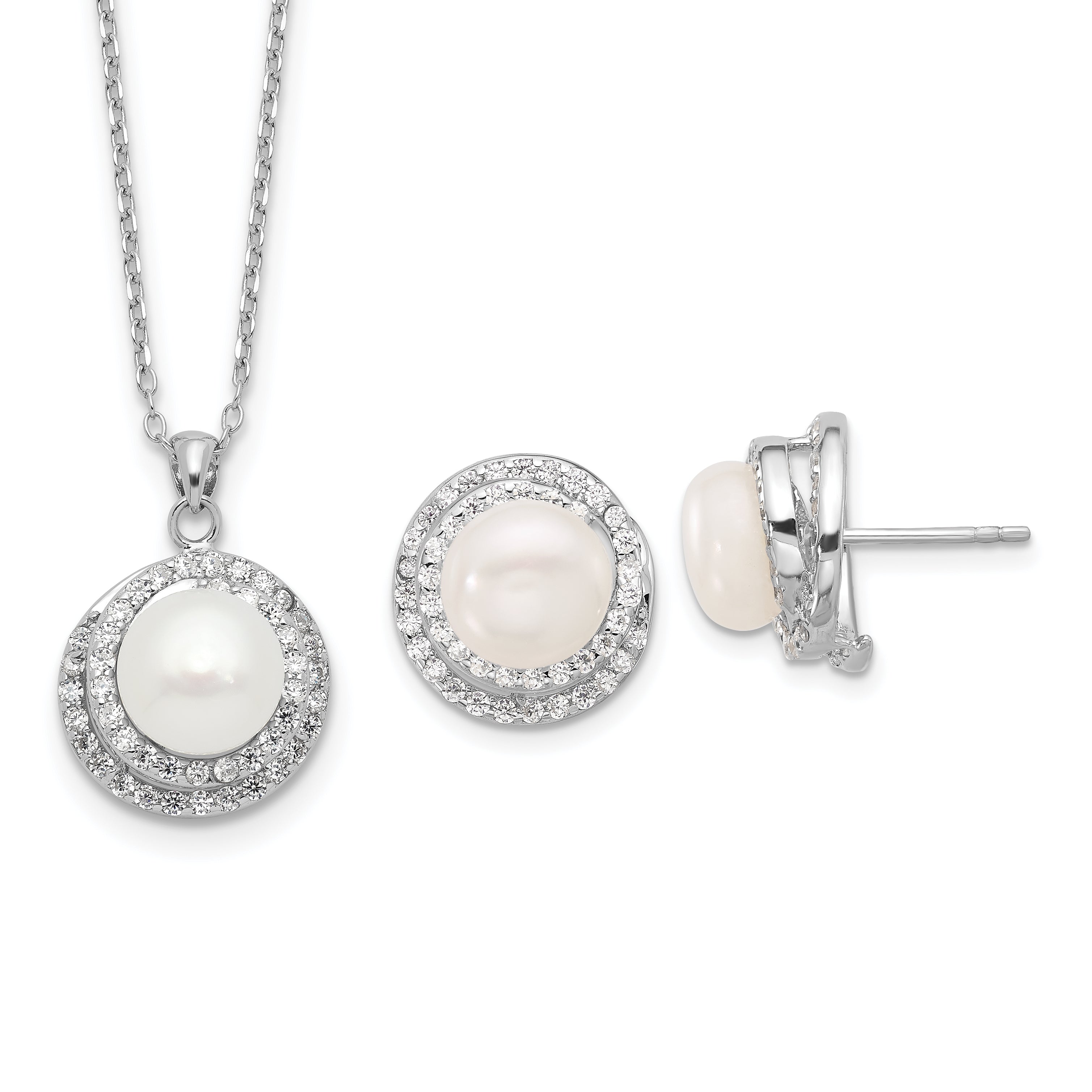 Sterling Silver RH-plated FWC Pearl/CZ 17in Necklace and Post Earrings Set