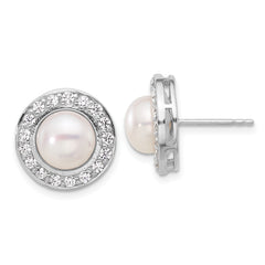 Sterling Silver RH-plated FWC Pearl/CZ 17in Necklace and Post Earrings Set