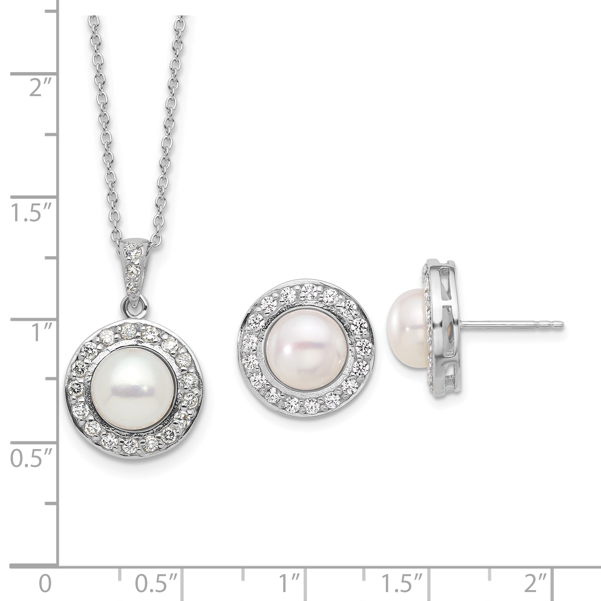 Sterling Silver RH-plated FWC Pearl/CZ 17in Necklace and Post Earrings Set