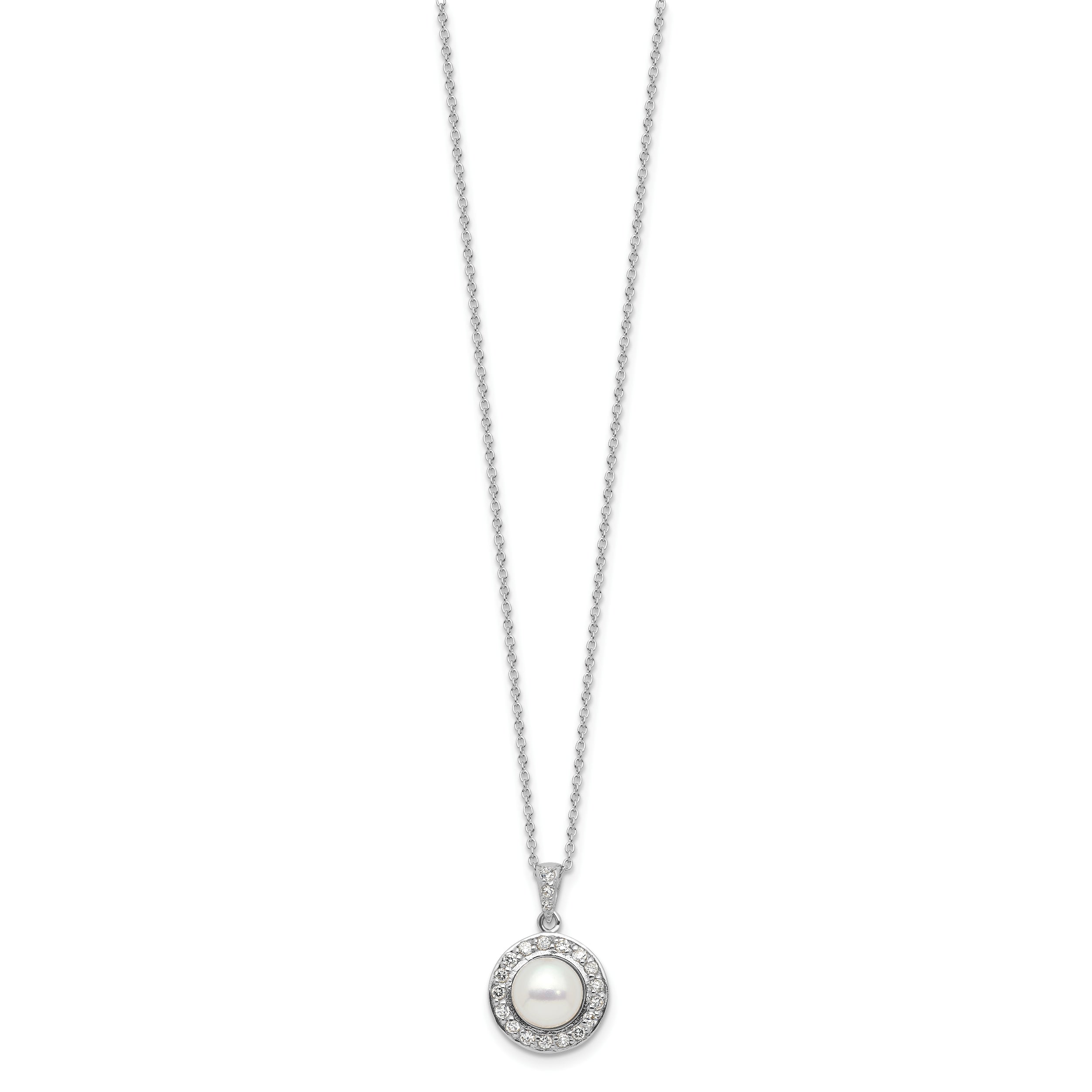 Sterling Silver RH-plated FWC Pearl/CZ 17in Necklace and Post Earrings Set