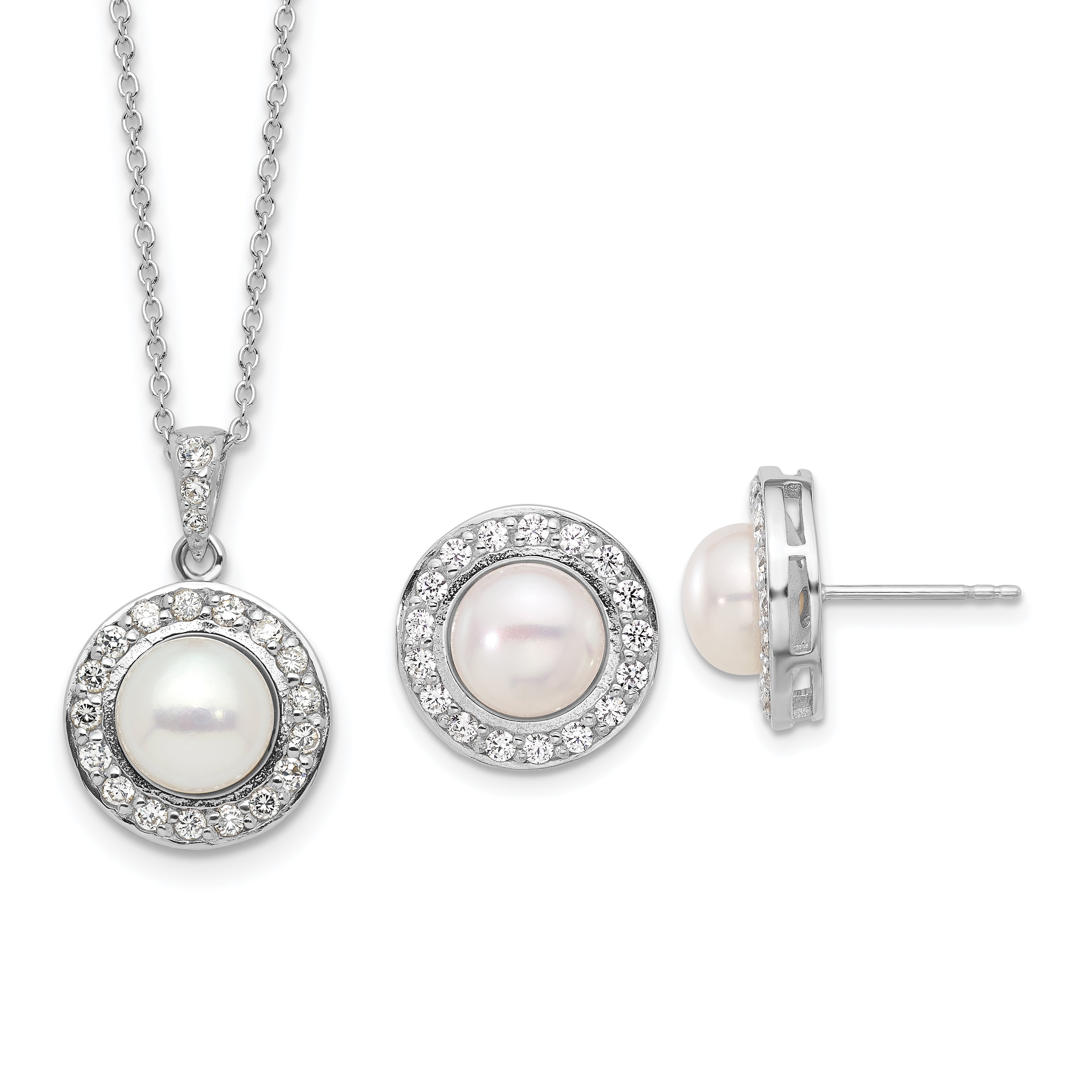 Sterling Silver RH-plated FWC Pearl/CZ 17in Necklace and Post Earrings Set