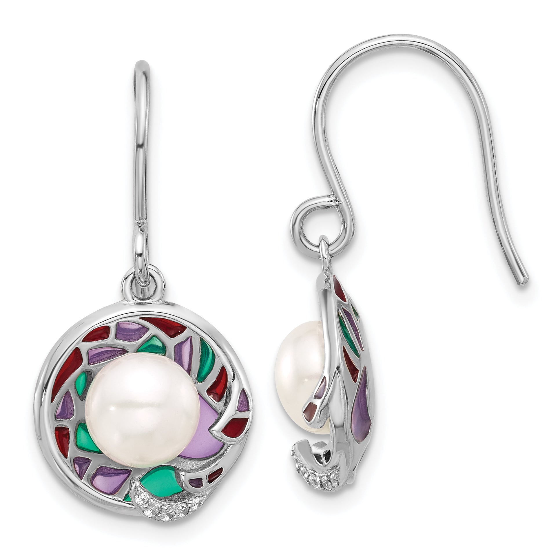 Sterling Silver RH-plated Enamel FWC Pearl/CZ 17in Necklace/Earring Set