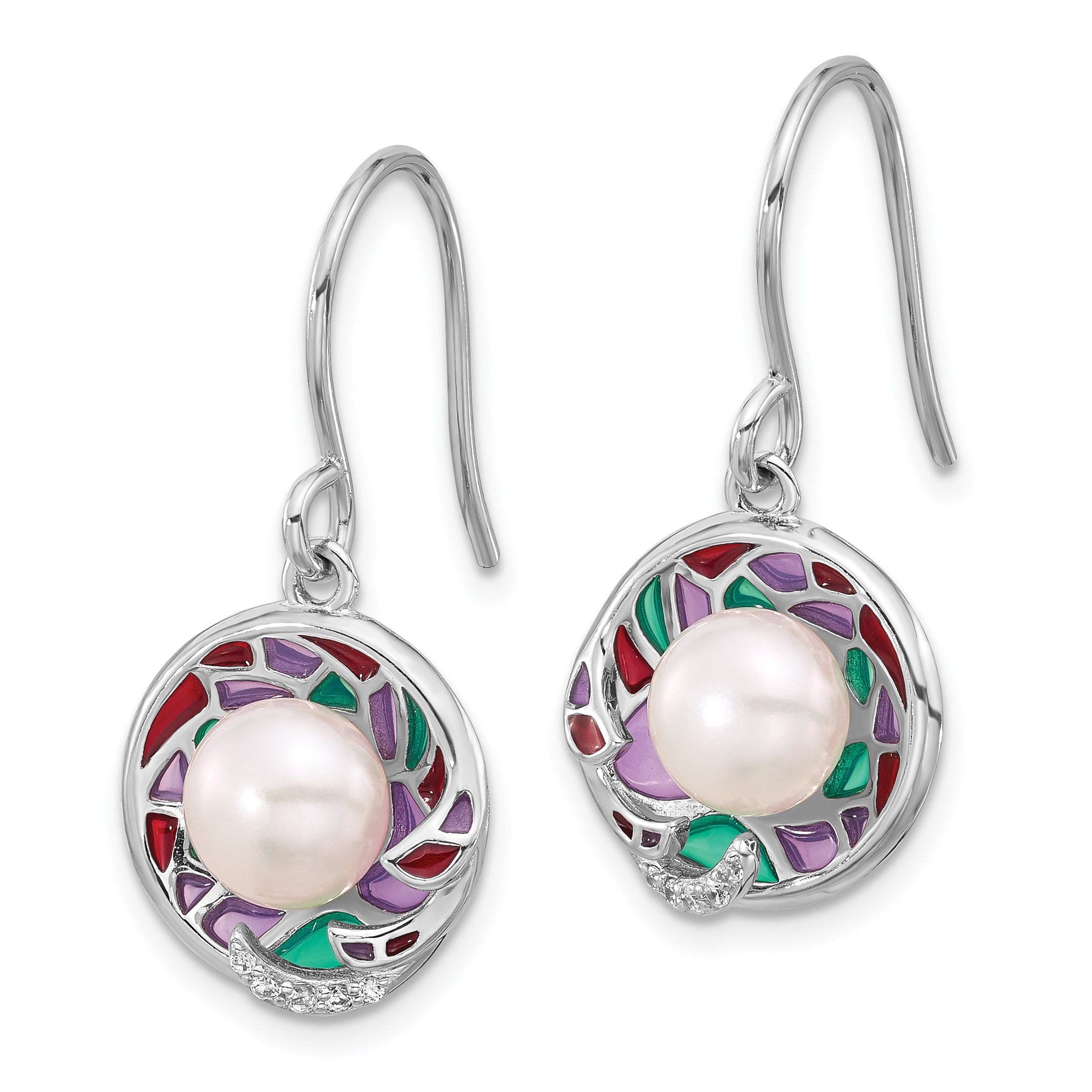 Sterling Silver RH-plated Enamel FWC Pearl/CZ 17in Necklace/Earring Set