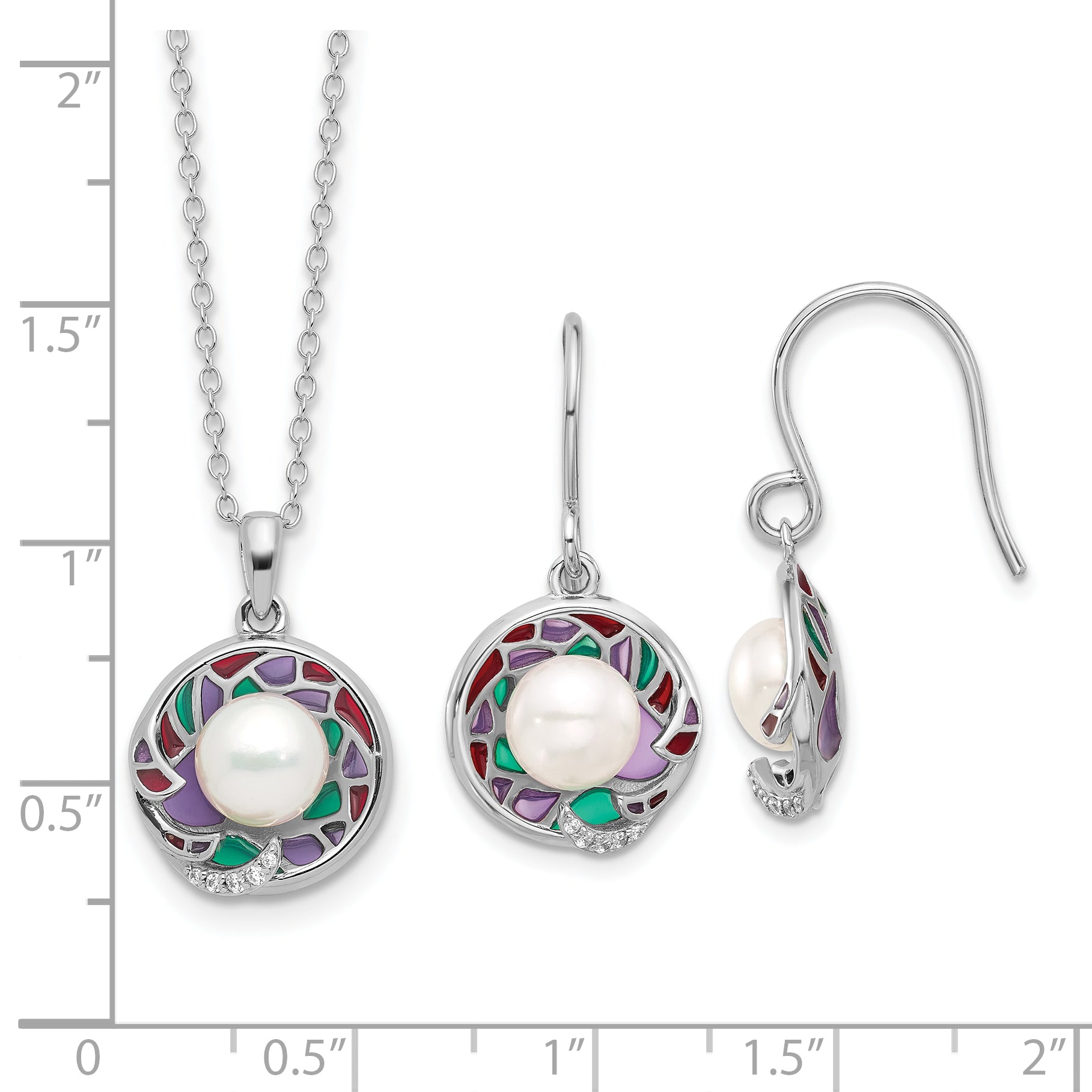 Sterling Silver RH-plated Enamel FWC Pearl/CZ 17in Necklace/Earring Set