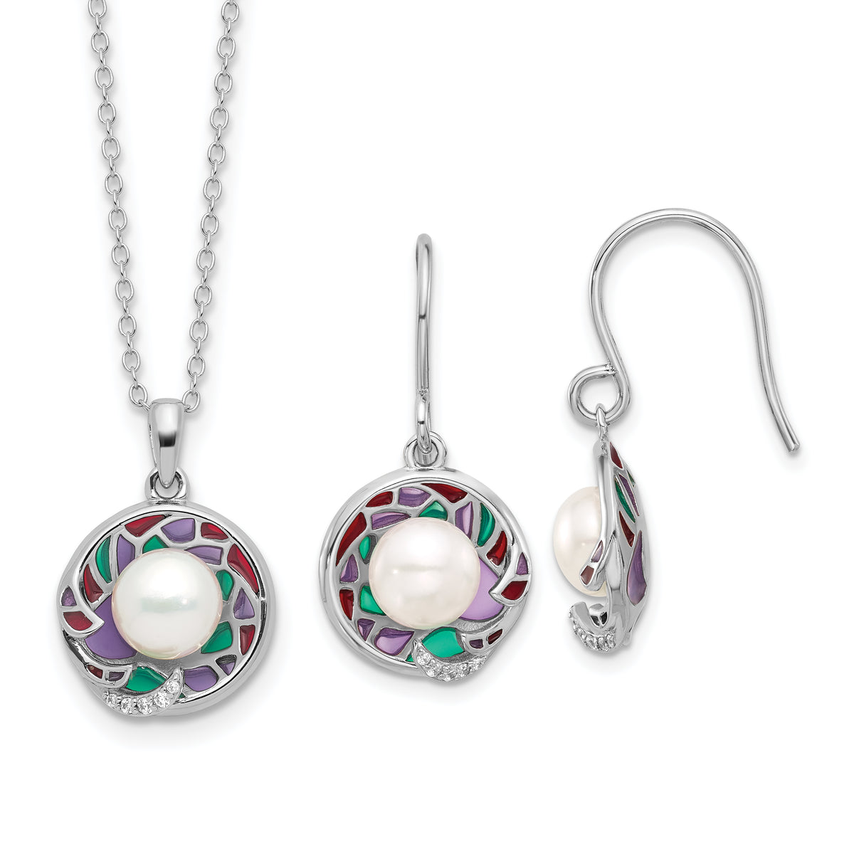 Sterling Silver RH-plated Enamel FWC Pearl/CZ 17in Necklace/Earring Set