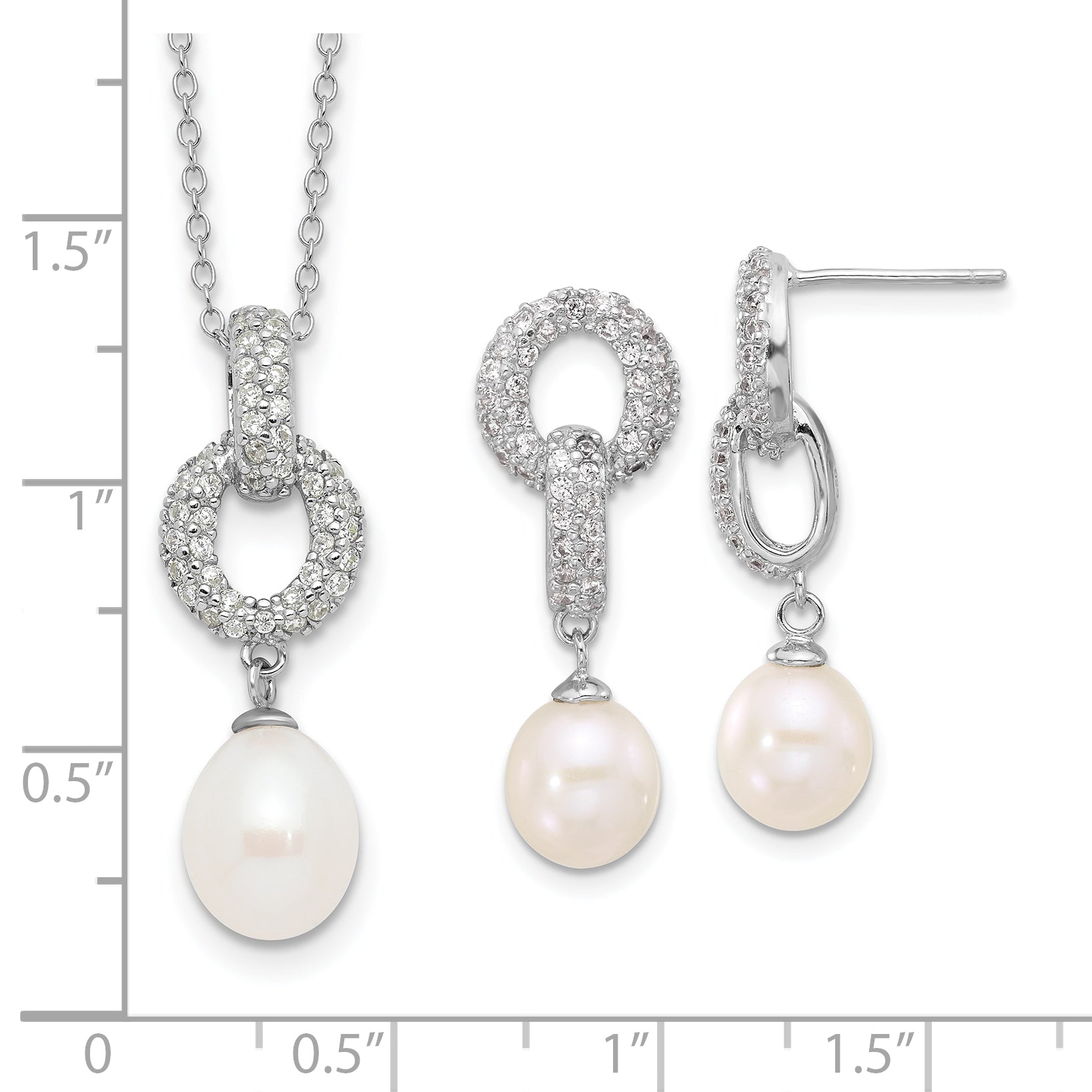 Sterling Silver RH-plated 7-9mm FWC Pearl/CZ Necklace/Post Earrings Set