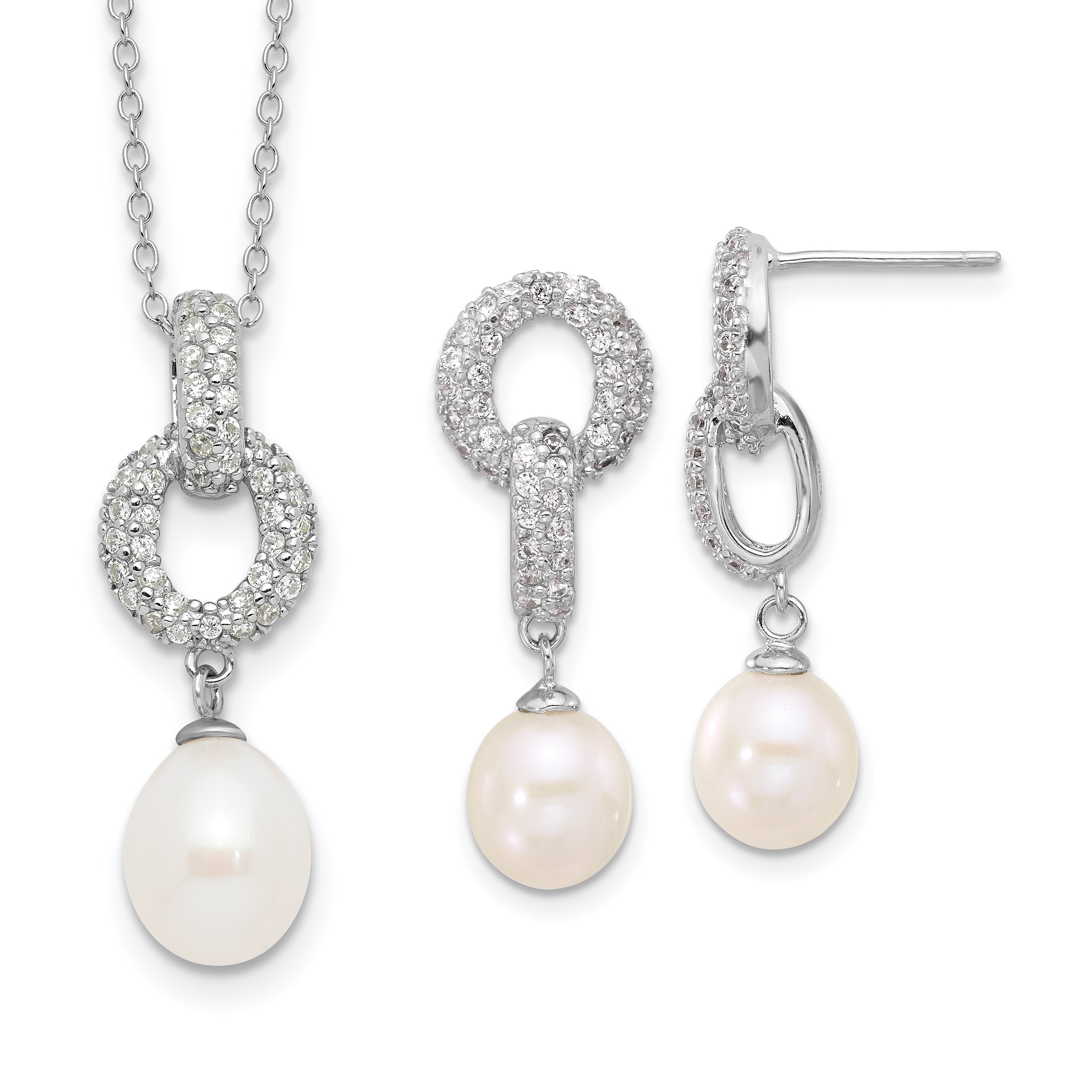 Sterling Silver RH-plated 7-9mm FWC Pearl/CZ Necklace/Post Earrings Set