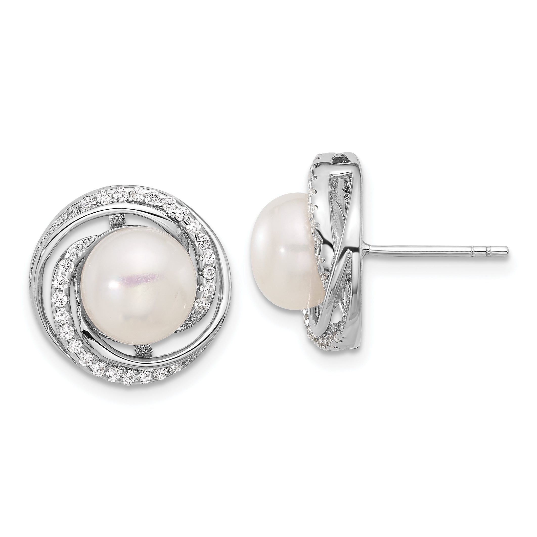 Sterling Silver RH-plated 8-10mm FWC Pearl/CZ Necklace/Post Earrings Set