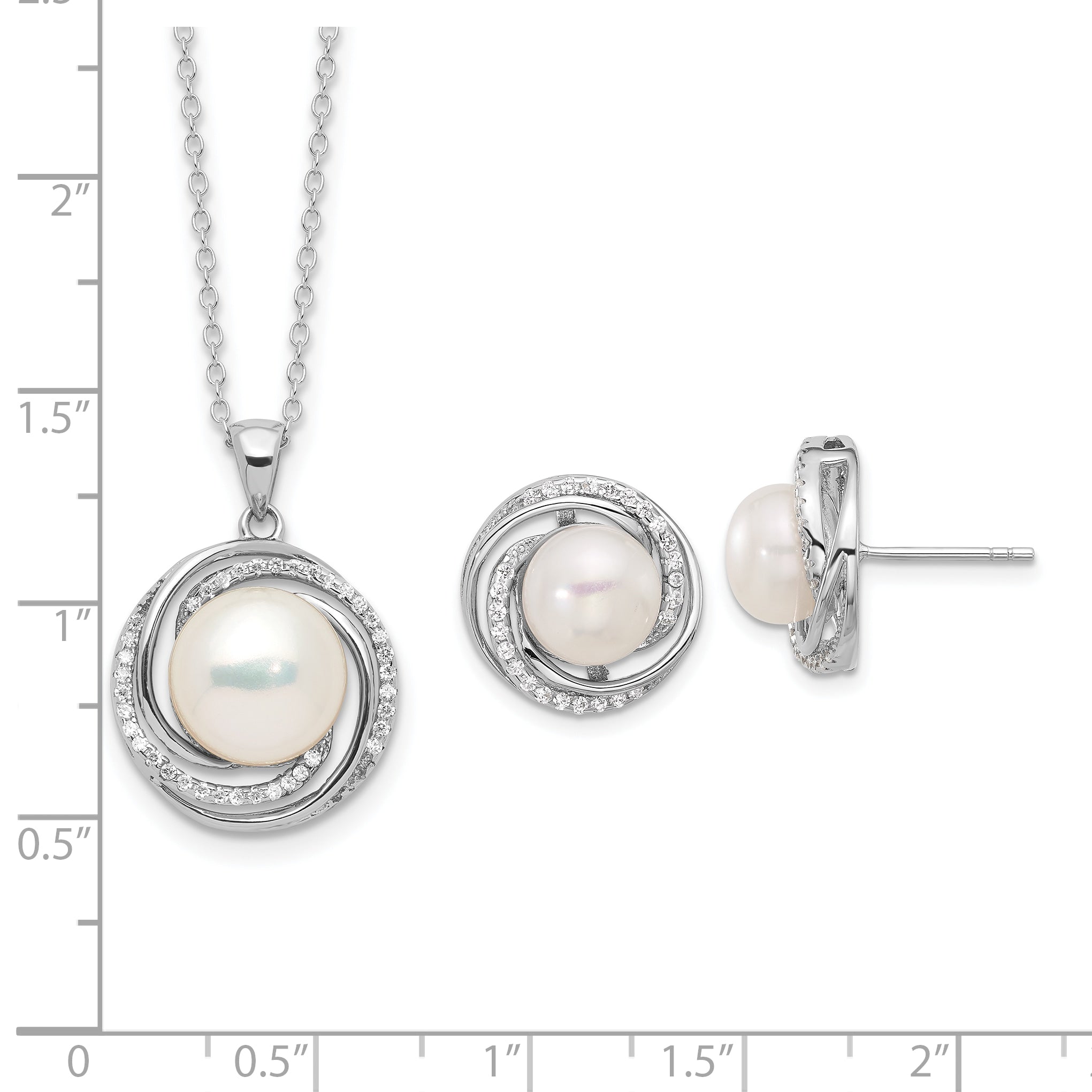 Sterling Silver RH-plated 8-10mm FWC Pearl/CZ Necklace/Post Earrings Set