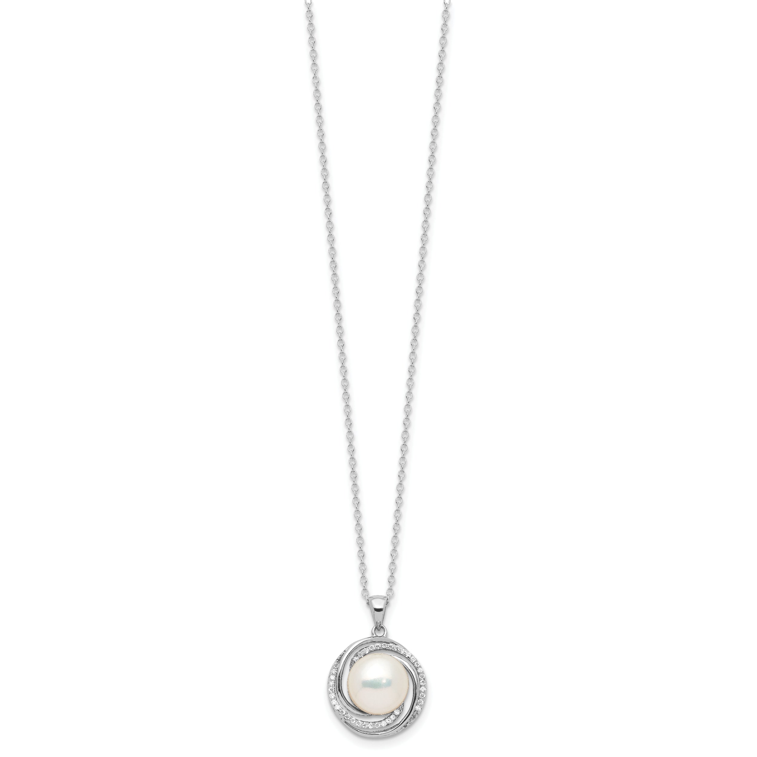 Sterling Silver RH-plated 8-10mm FWC Pearl/CZ Necklace/Post Earrings Set