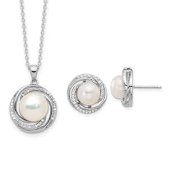 Sterling Silver RH-plated 8-10mm FWC Pearl/CZ Necklace/Post Earrings Set