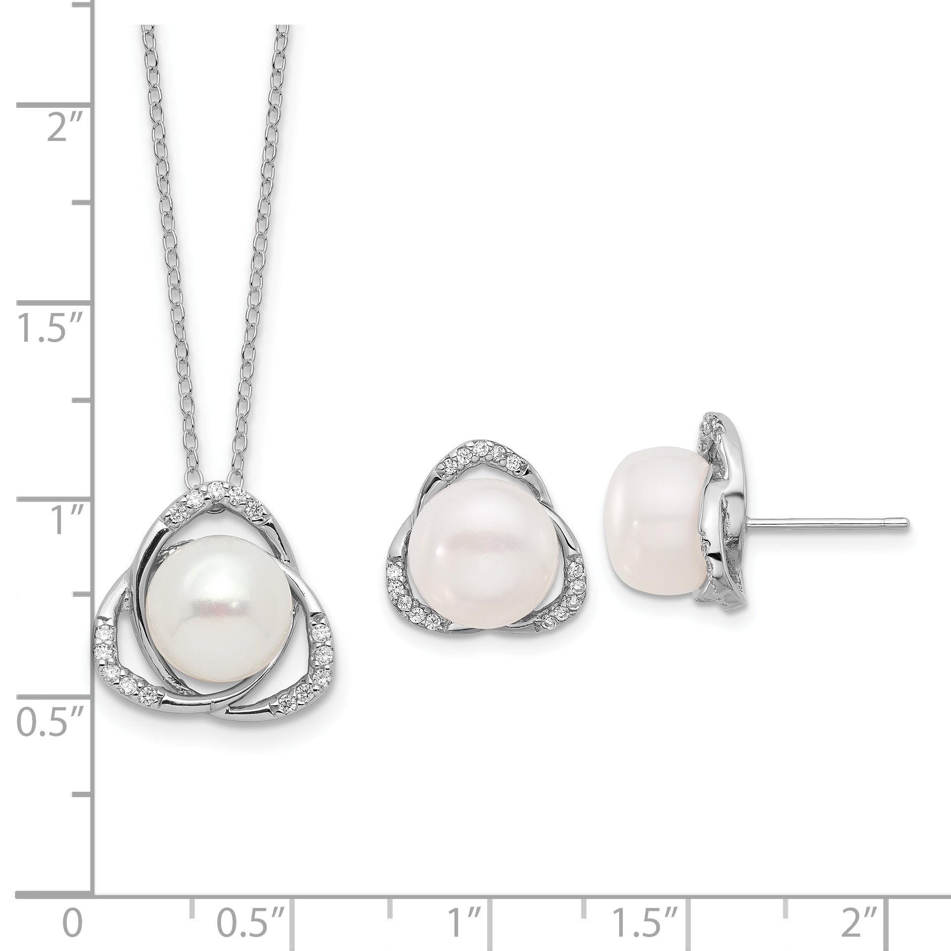 Sterling Silver RH-plated FWC Pearl/CZ 17in Necklace and Post Earrings Set