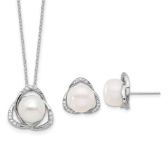 Sterling Silver RH-plated FWC Pearl/CZ 17in Necklace and Post Earrings Set