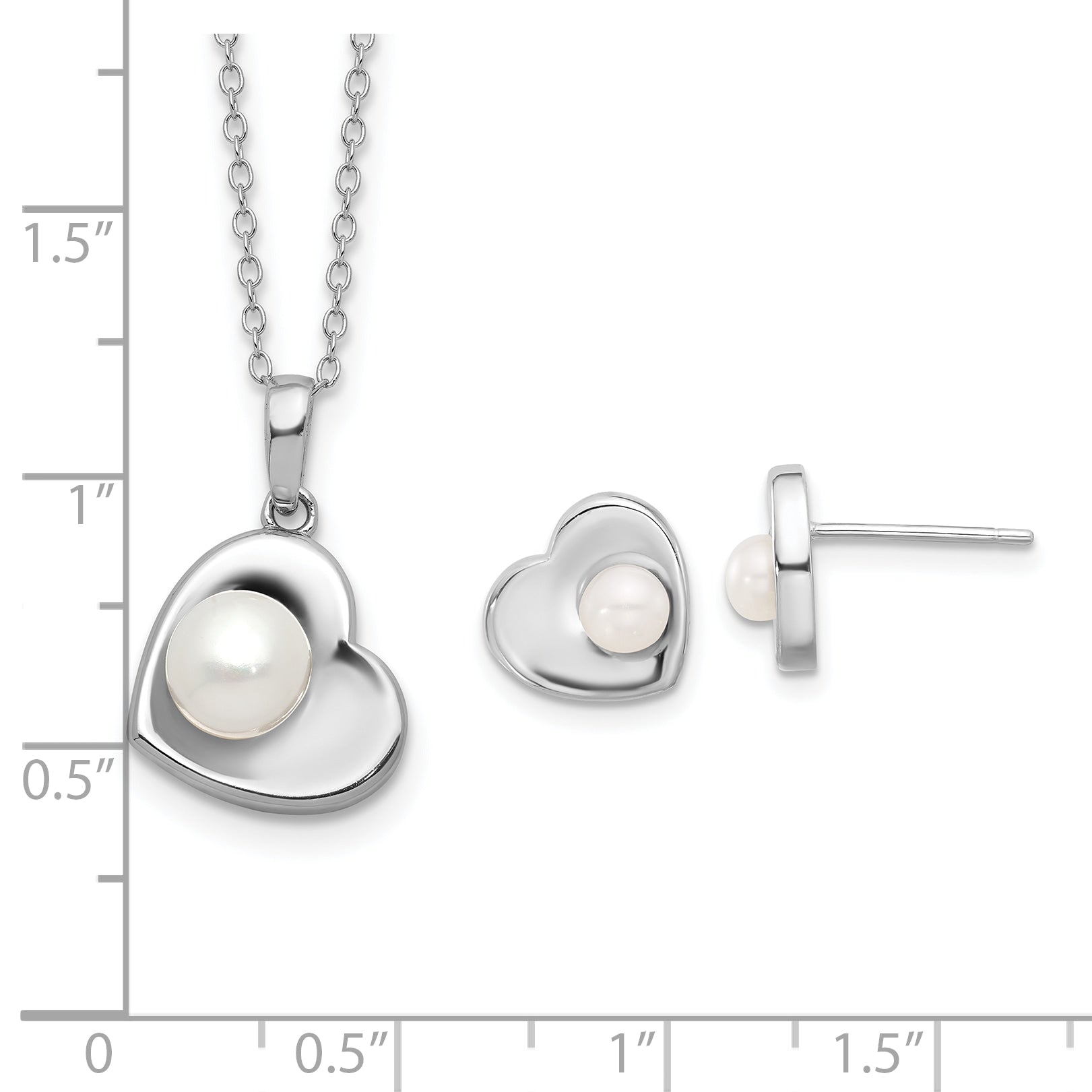 Sterling Silver RH-plated 4-7mm FWC Pearl 17.5in Heart Neck/Earring Set