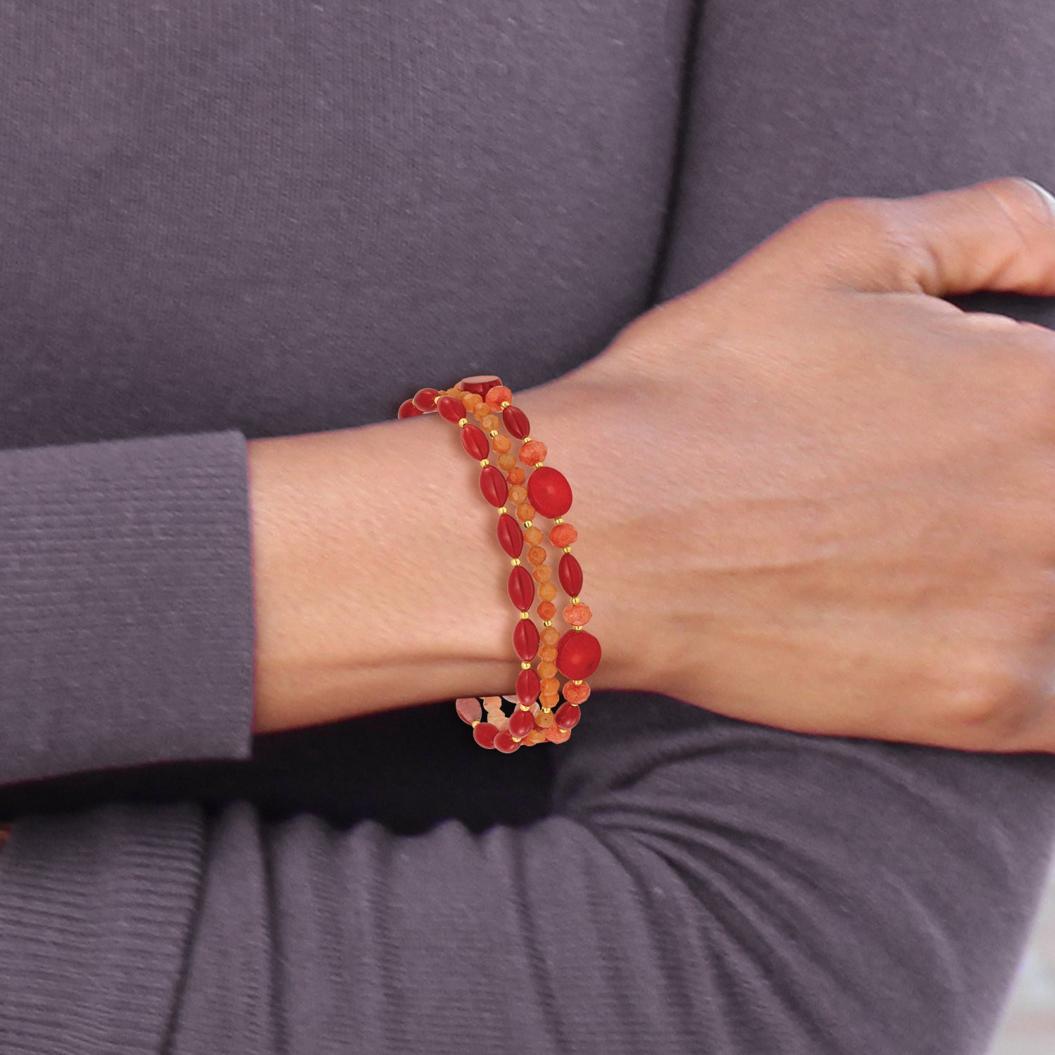 Sterling Silver Gold-plated Aventurine/Coral/Jade 1in ext. Bracelet