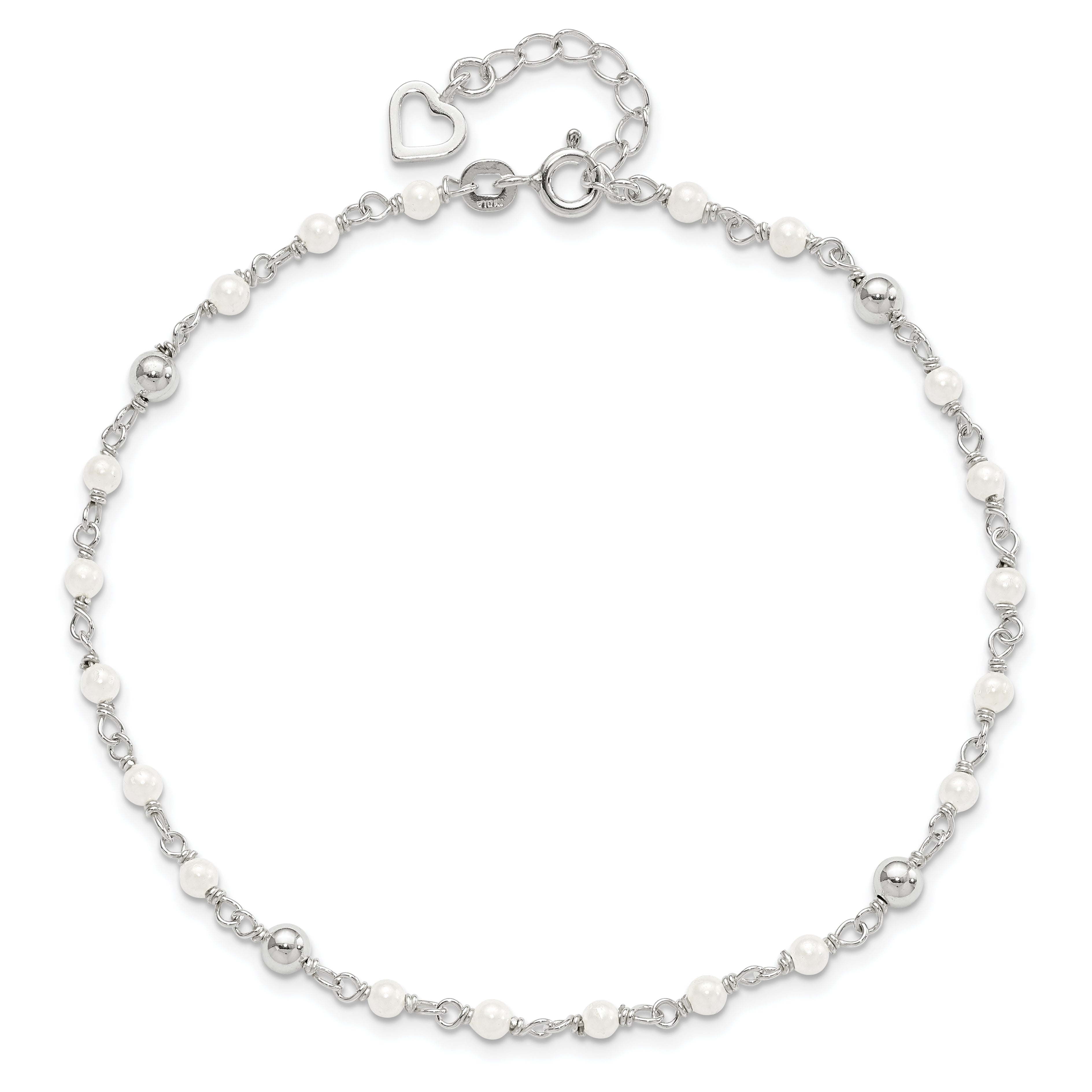 Sterling Silver Polished 9in Plus 1in ext FWC Pearl and Heart Anklet