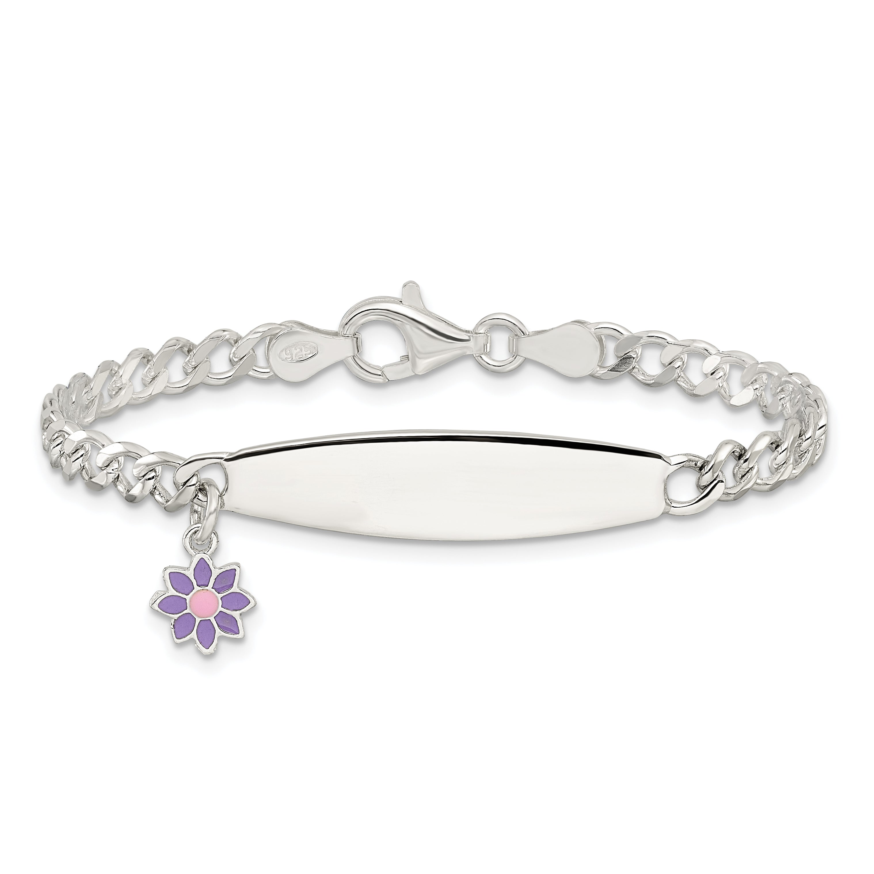 Sterling Silver Polished Enameled Flower Children's ID Bracelet