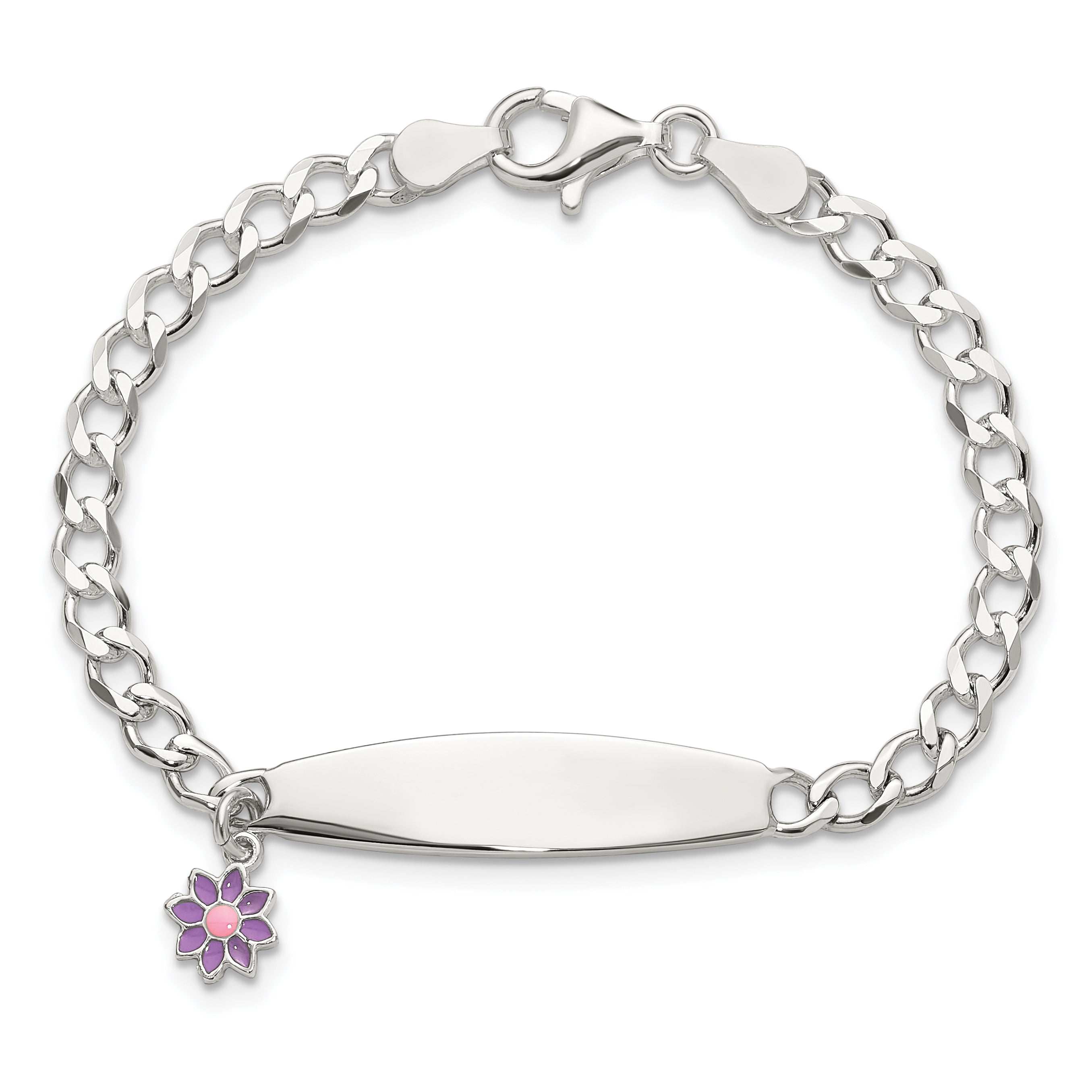 Sterling Silver Polished Enameled Flower Children's ID Bracelet