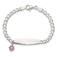 Sterling Silver Polished Enameled Flower Children's ID Bracelet