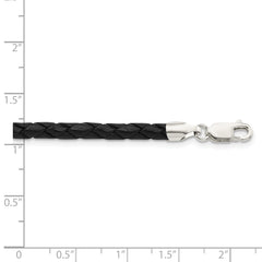 Sterling Silver 16inch 4mm Black Leather Braided Necklace