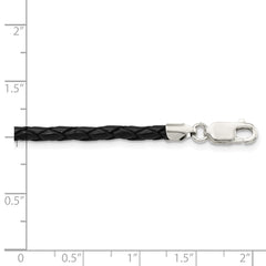 Sterling Silver 16inch 3mm Black Leather Braided Necklace