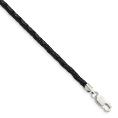 Sterling Silver 20inch 3mm Black Leather Braided Necklace