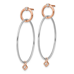 Sterling Silver Rose Gold-plated Rhd-plat CZ Post Dangle Earrings