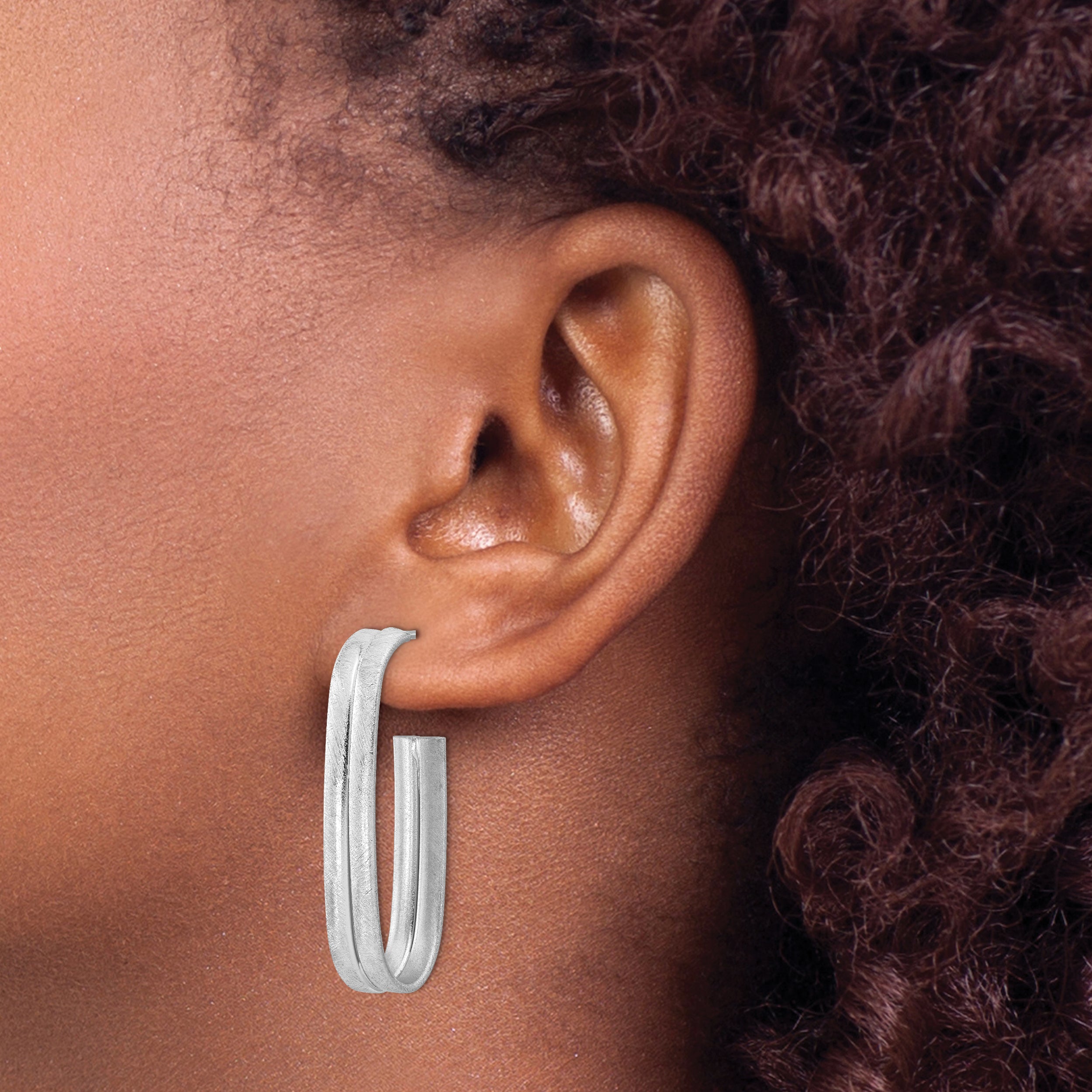 Sterling Silver Rhodium-plated Brushed J-Hoop Post Earrings