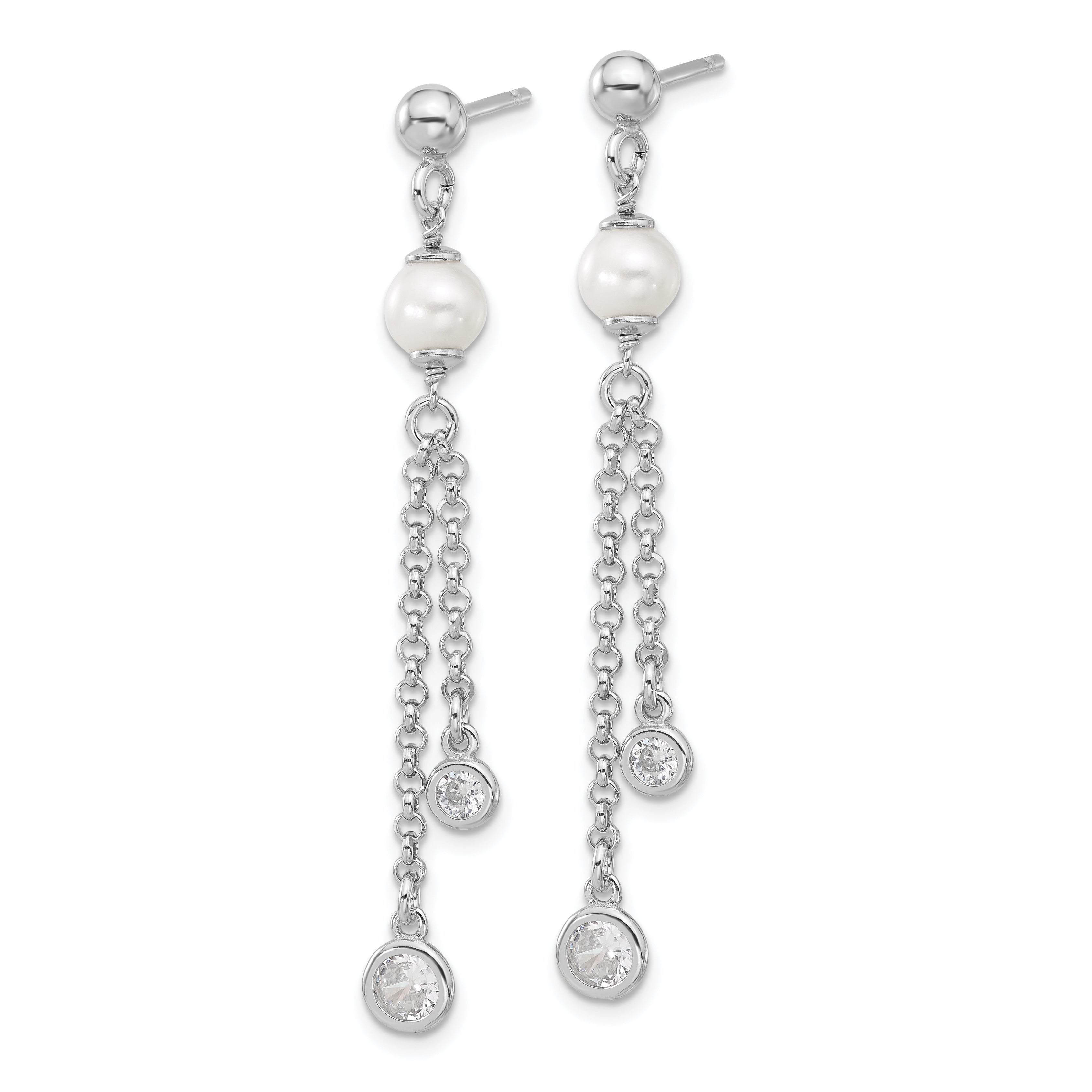 Sterling Silver RH-plated Polished CZ and Pearl Dangle Post Earrin