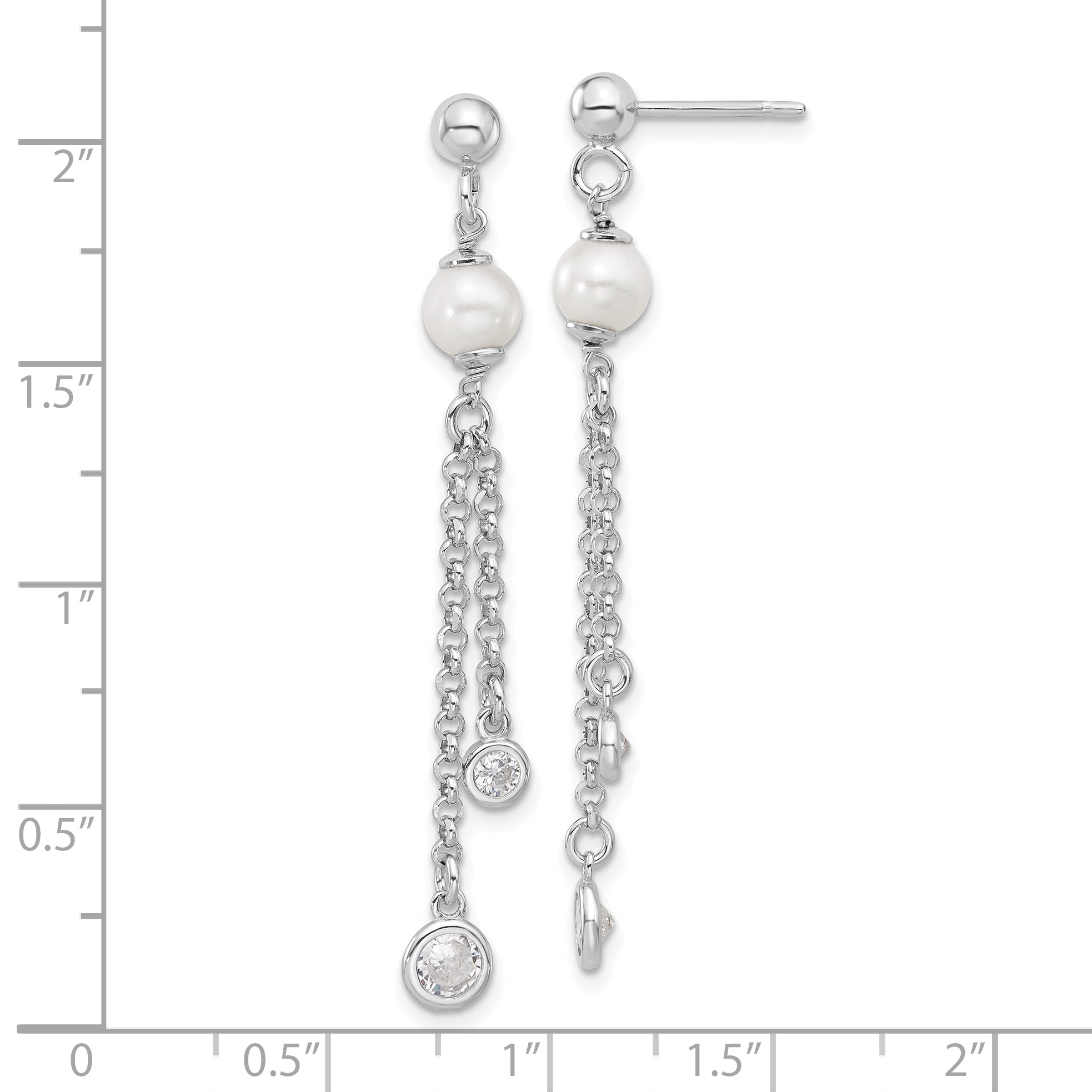 Sterling Silver RH-plated Polished CZ and Pearl Dangle Post Earrin