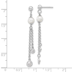 Sterling Silver RH-plated Polished CZ and Pearl Dangle Post Earrin