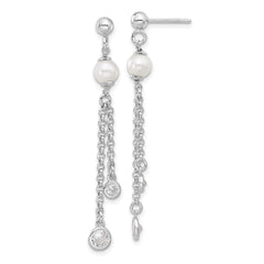 Sterling Silver RH-plated Polished CZ and Pearl Dangle Post Earrin