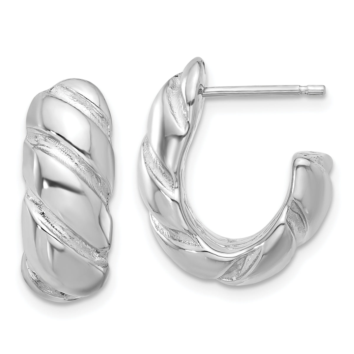 Sterling Silver Rh-plated Polished/Grooved Hollow J-Hoop Earrings