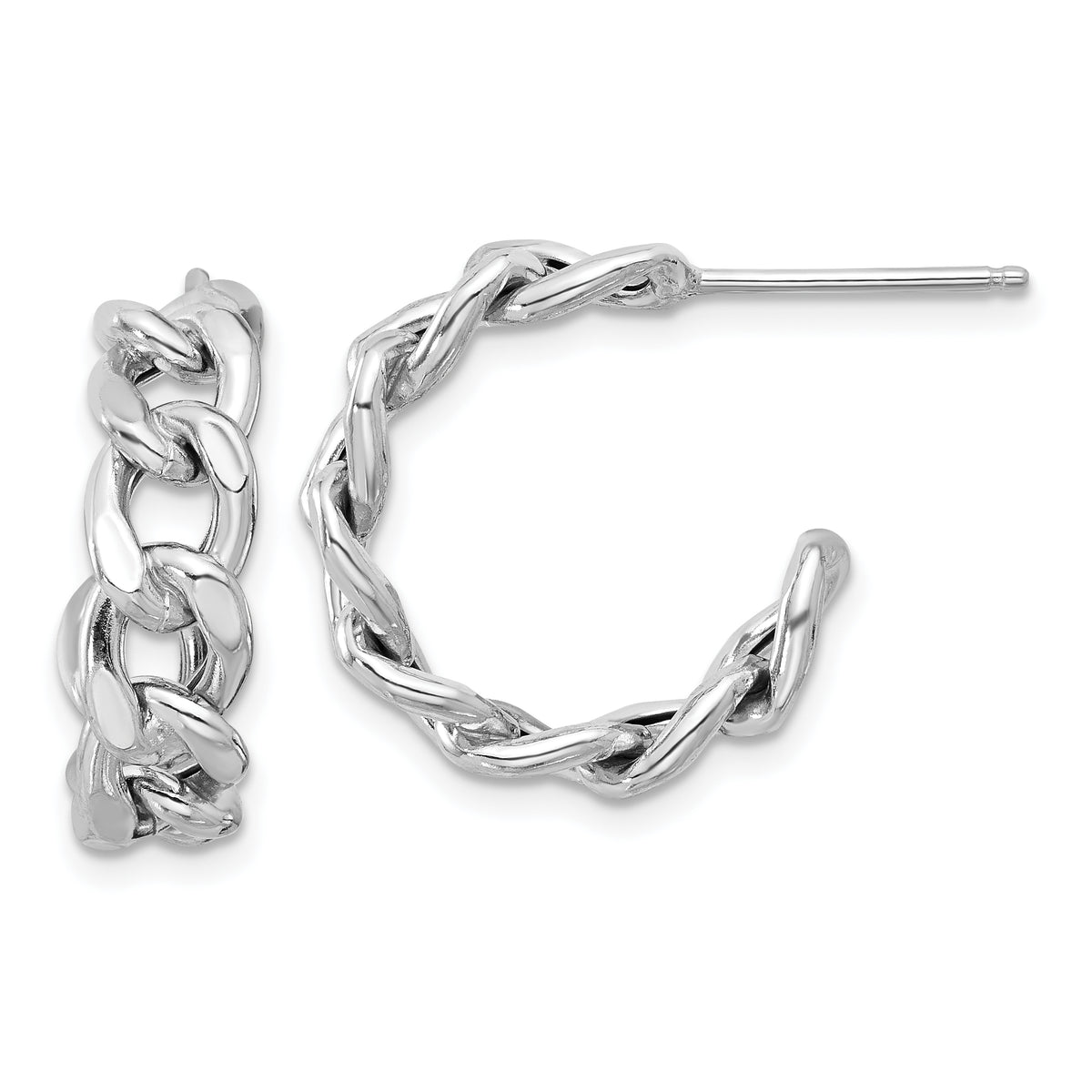 Sterling Silver Rh-plated Polished Curb Chain Post C-Hoop Earrings